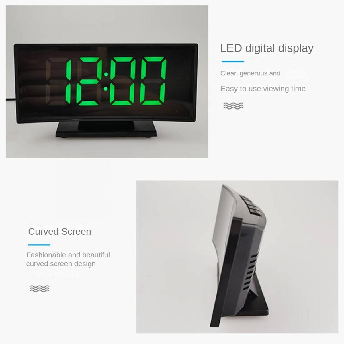 Digitaluhr mit grüner LED-Anzeige, zeigt 12:00 Uhr an. Seitliche Ansicht.