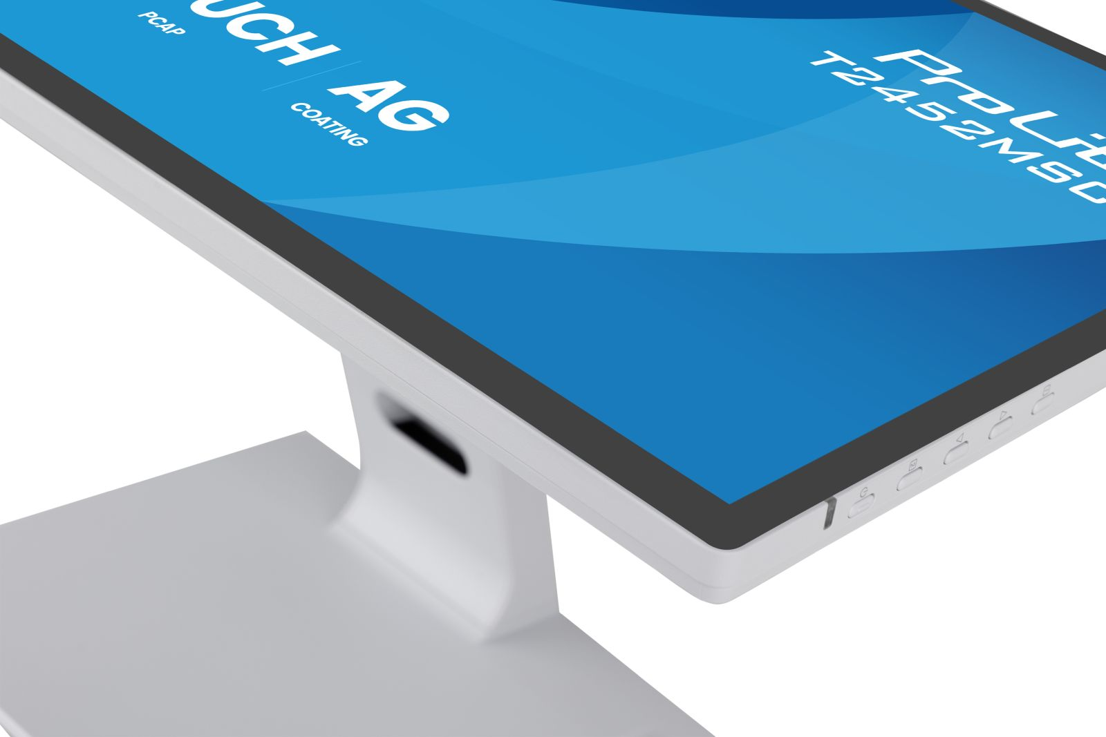 Ein weißer Touchscreen-Monitor mit blauem Hintergrund und Text auf dem Bildschirm.