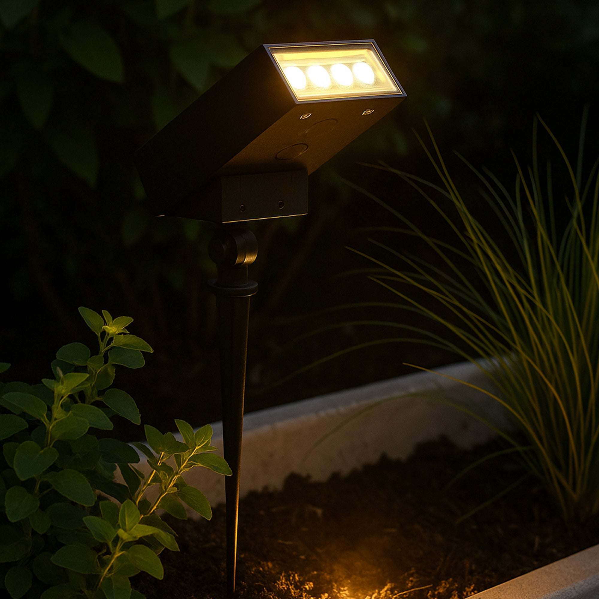 Ein dunkler Gartenstrahler beleuchtet eine Pflanze bei Nacht.