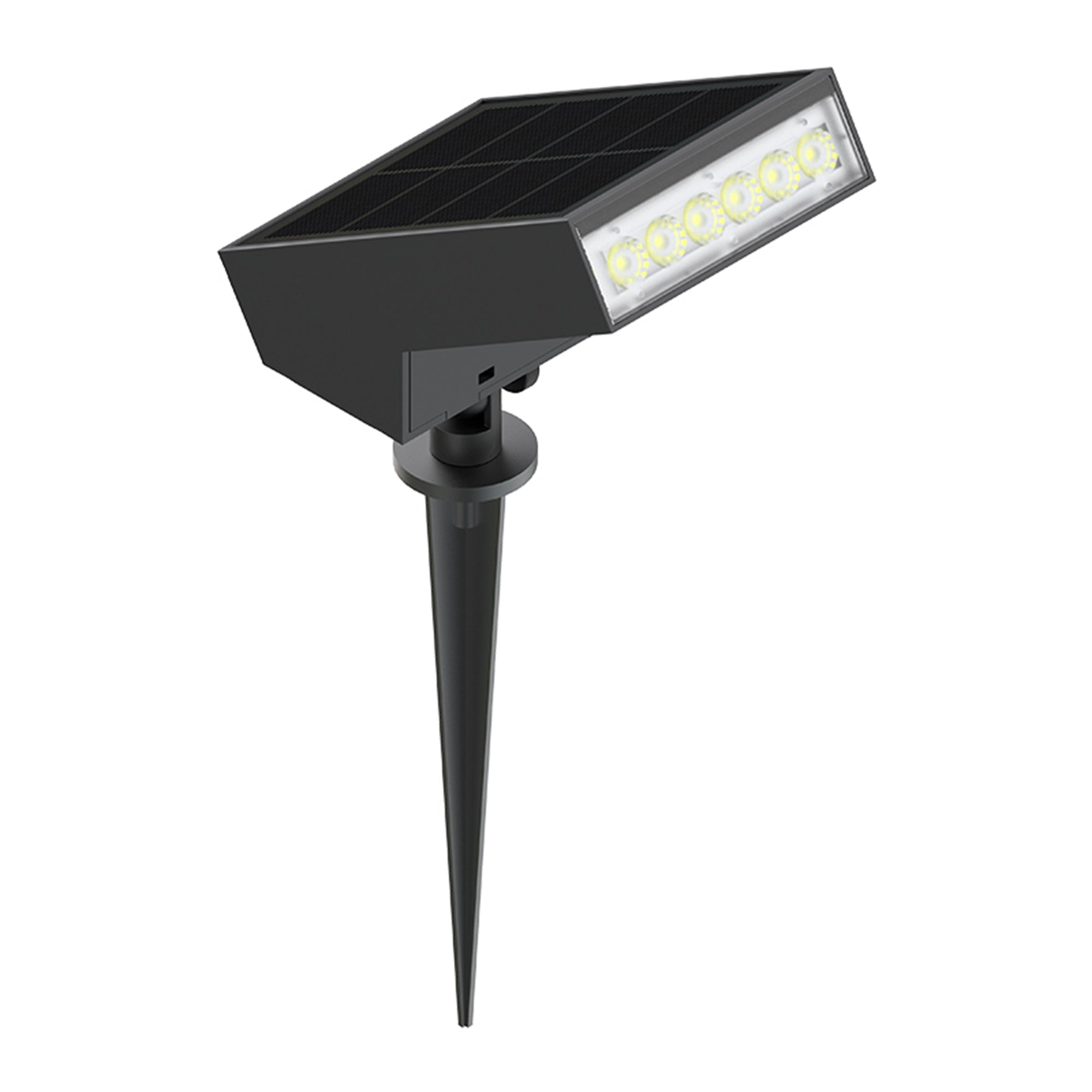 Schwarzer Solar-Gartenstrahler mit sechs LEDs und Erdspieß.