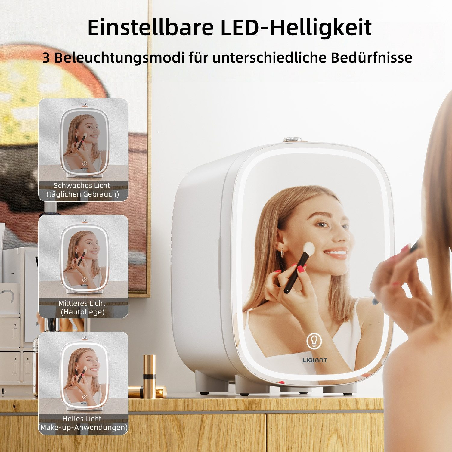 Frau trägt Make-up vor beleuchtetem Spiegel auf, drei Lichtmodi angezeigt.