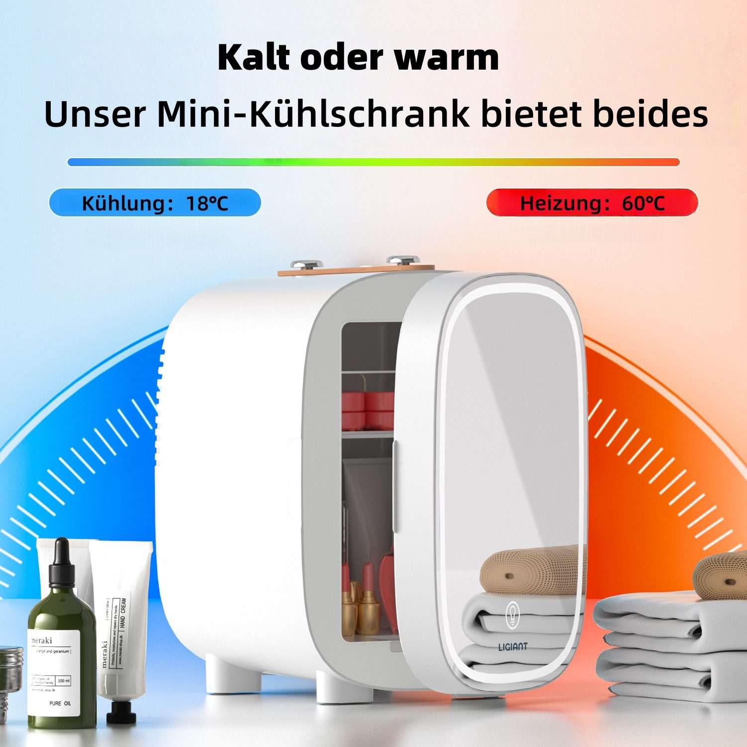 Ein weißer Mini-Kühlschrank mit Kosmetik und Handtüchern. Kühlung bei 18°C, Heizung bei 60°C.