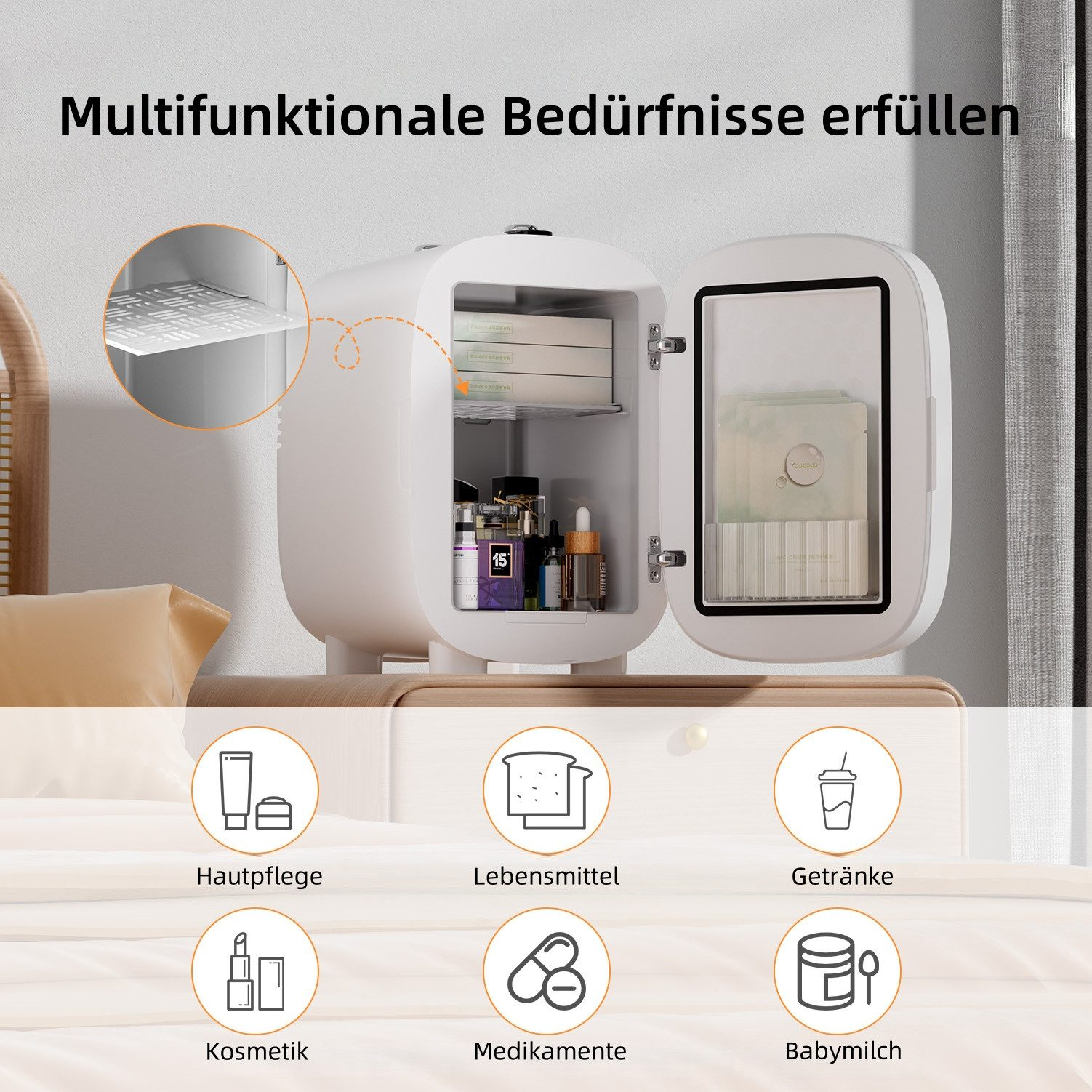Ein weißer Kühlschrank mit offenen Türen, gefüllt mit Kosmetika und Getränken.
