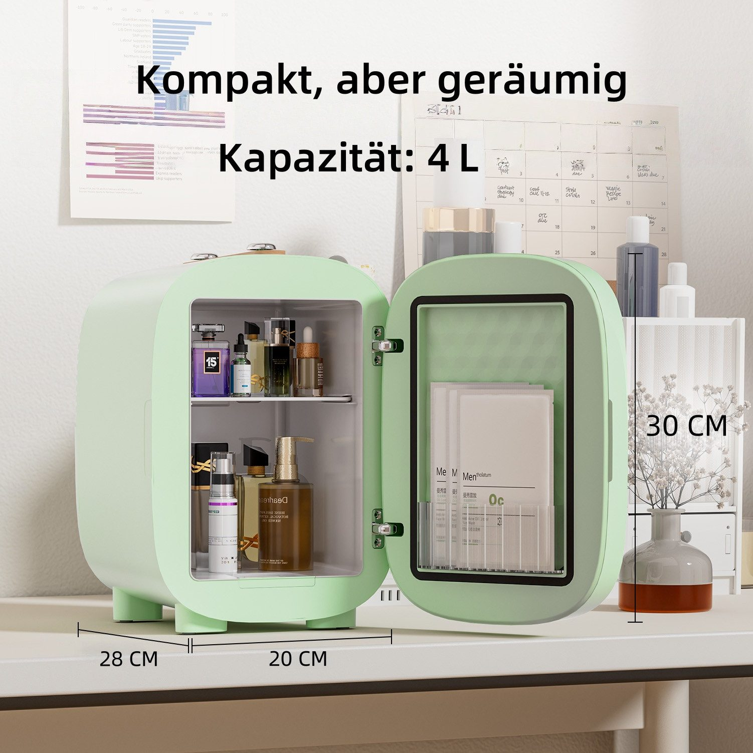 Ein offener, minzgrüner Mini-Kühlschrank mit Kosmetika und 4 L Kapazität.