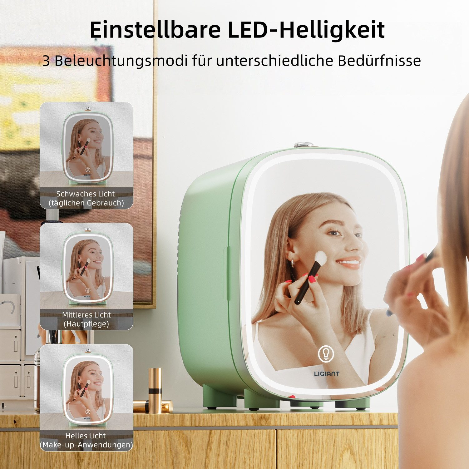 Grüner Schminkspiegel mit LED-Licht. Eine Frau trägt Make-up auf.