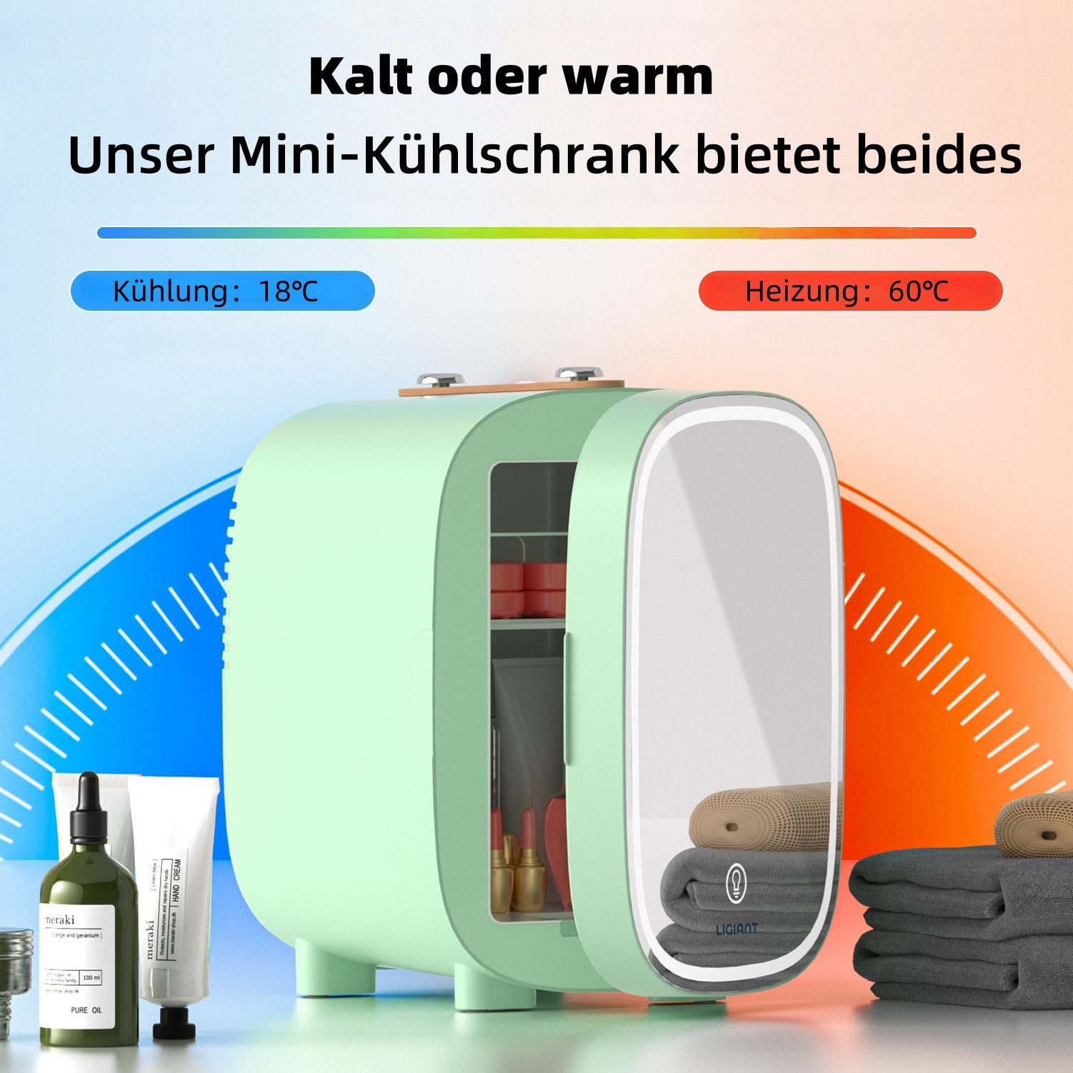 Ein kleiner mintgrüner Kühlschrank, der kühlen oder heizen kann.