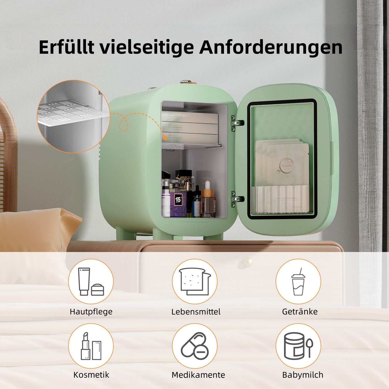 Ein hellgrüner Kühlschrank mit geöffneter Tür, gefüllt mit Kosmetika und Snacks.