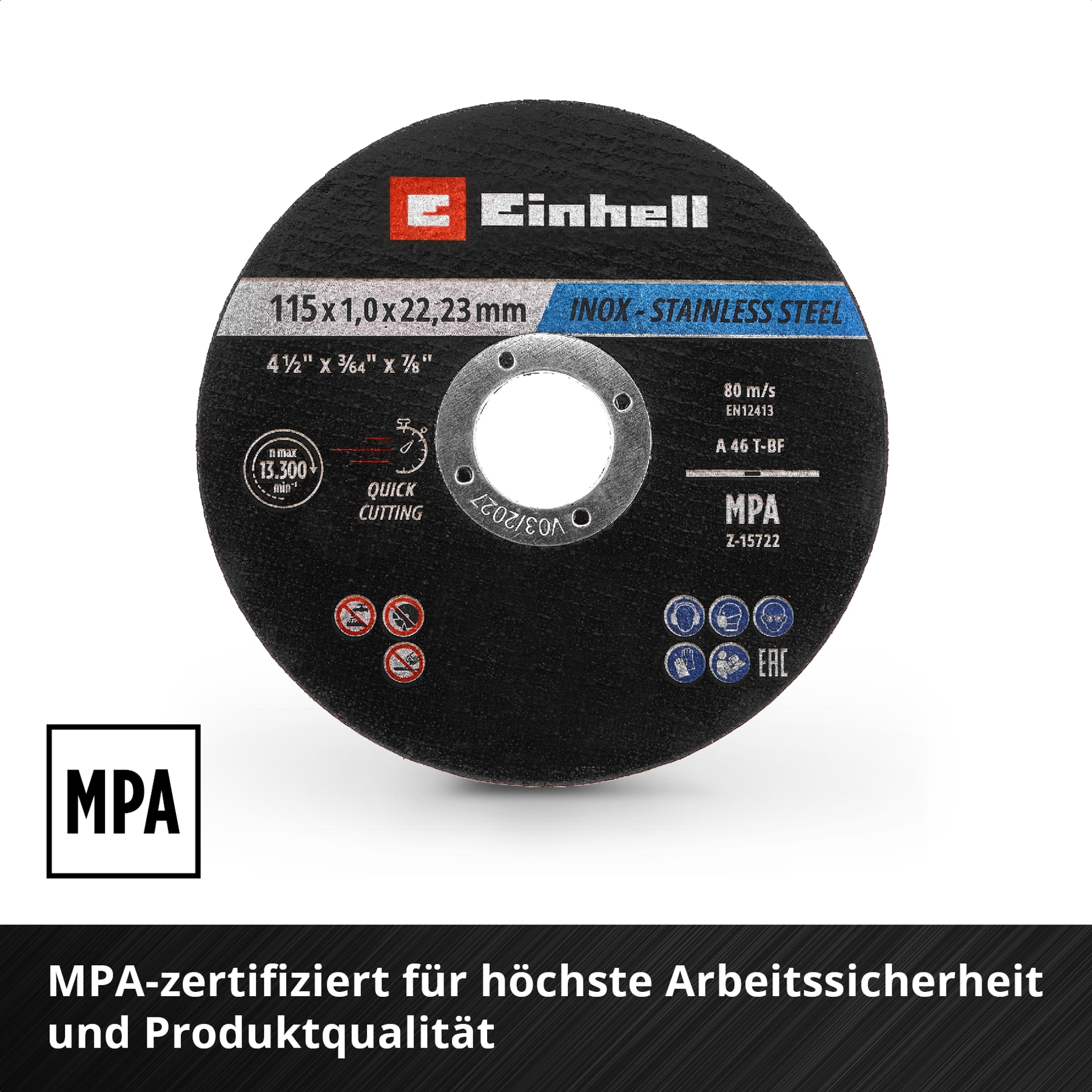 Einhell Trennscheibe für Metall. 115x1,0x22,23 mm, MPA-zertifiziert.
