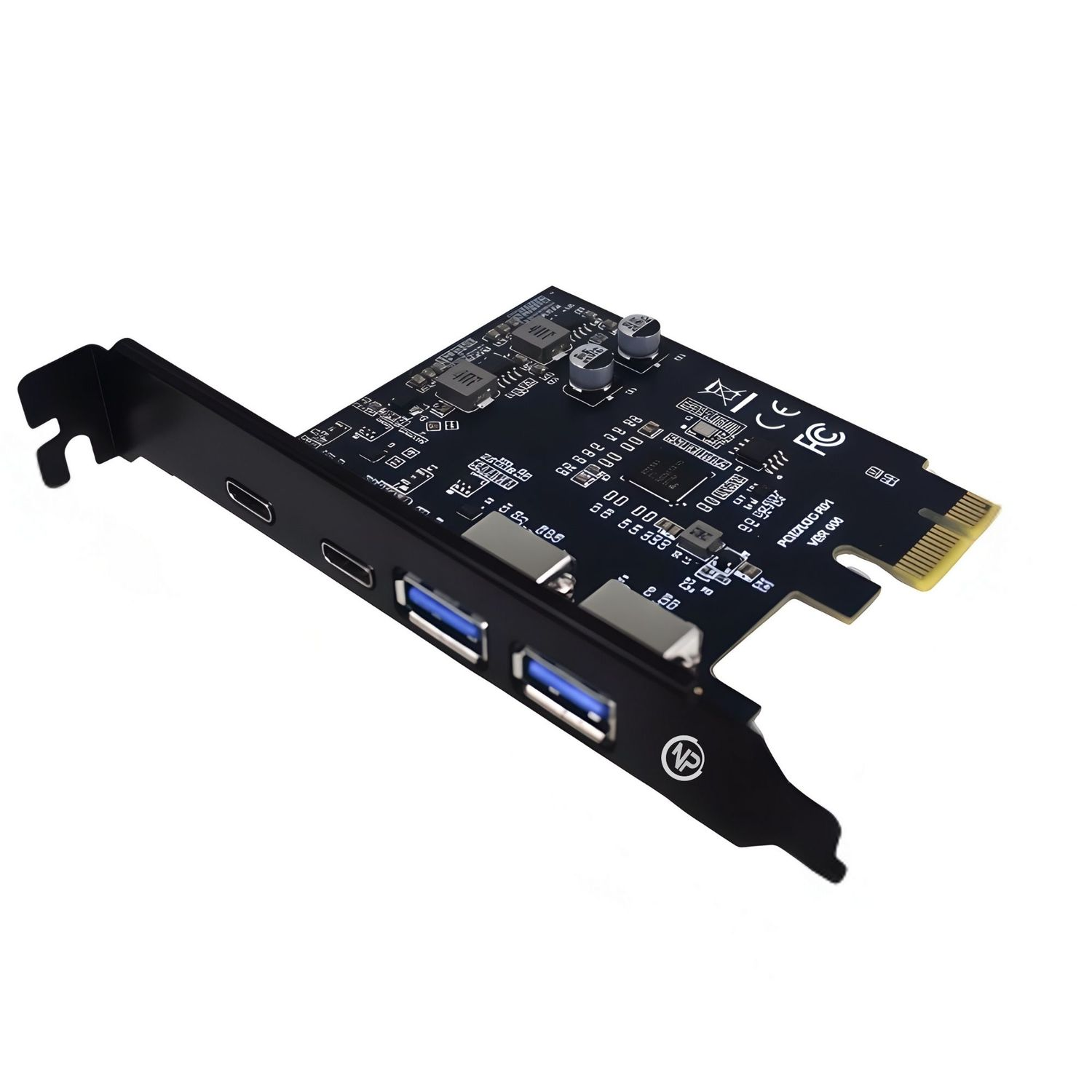 USB-A ve USB-C bağlantı noktalarına sahip siyah PC genişletme kartı.