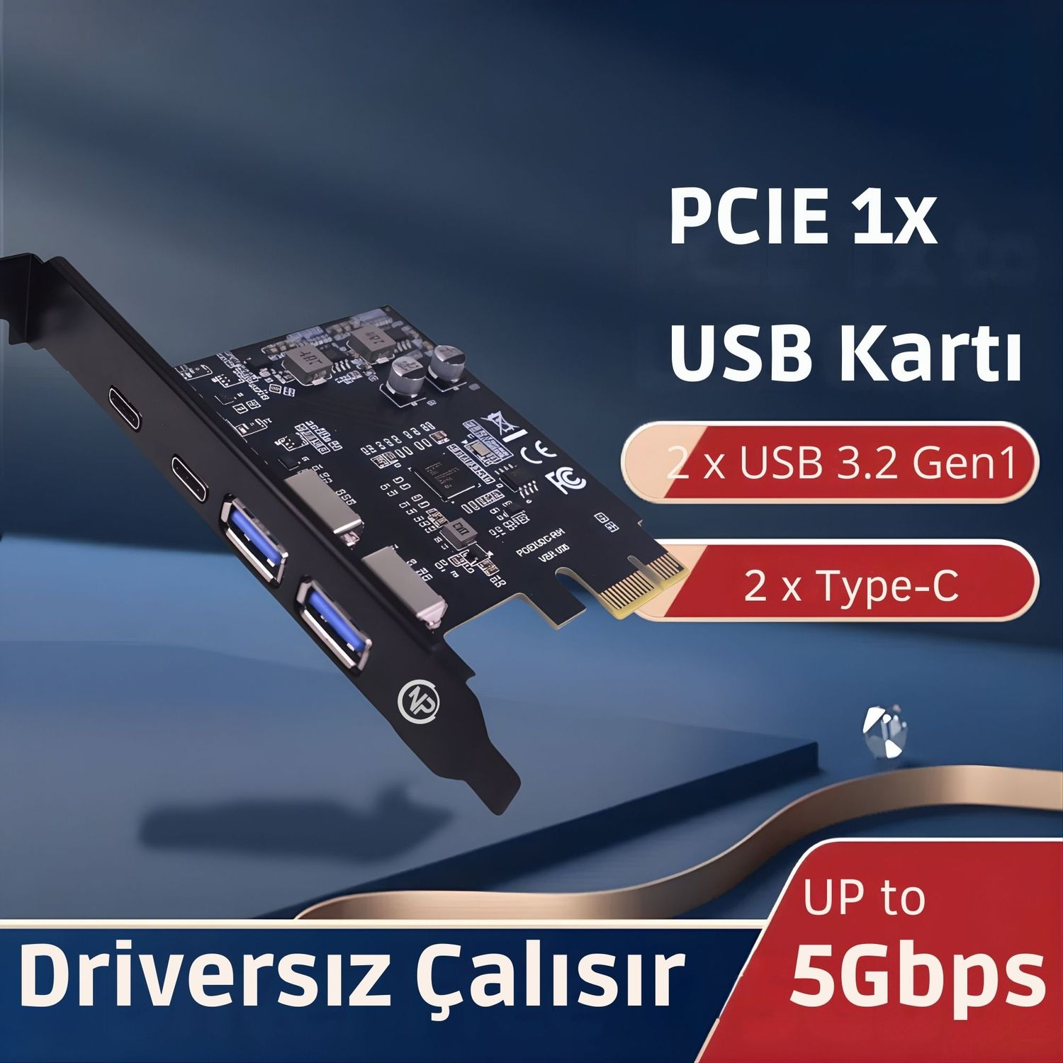 2x USB 3.2 Gen1 ve 2x Type-C portlu bir PCIe 1x USB kartı.