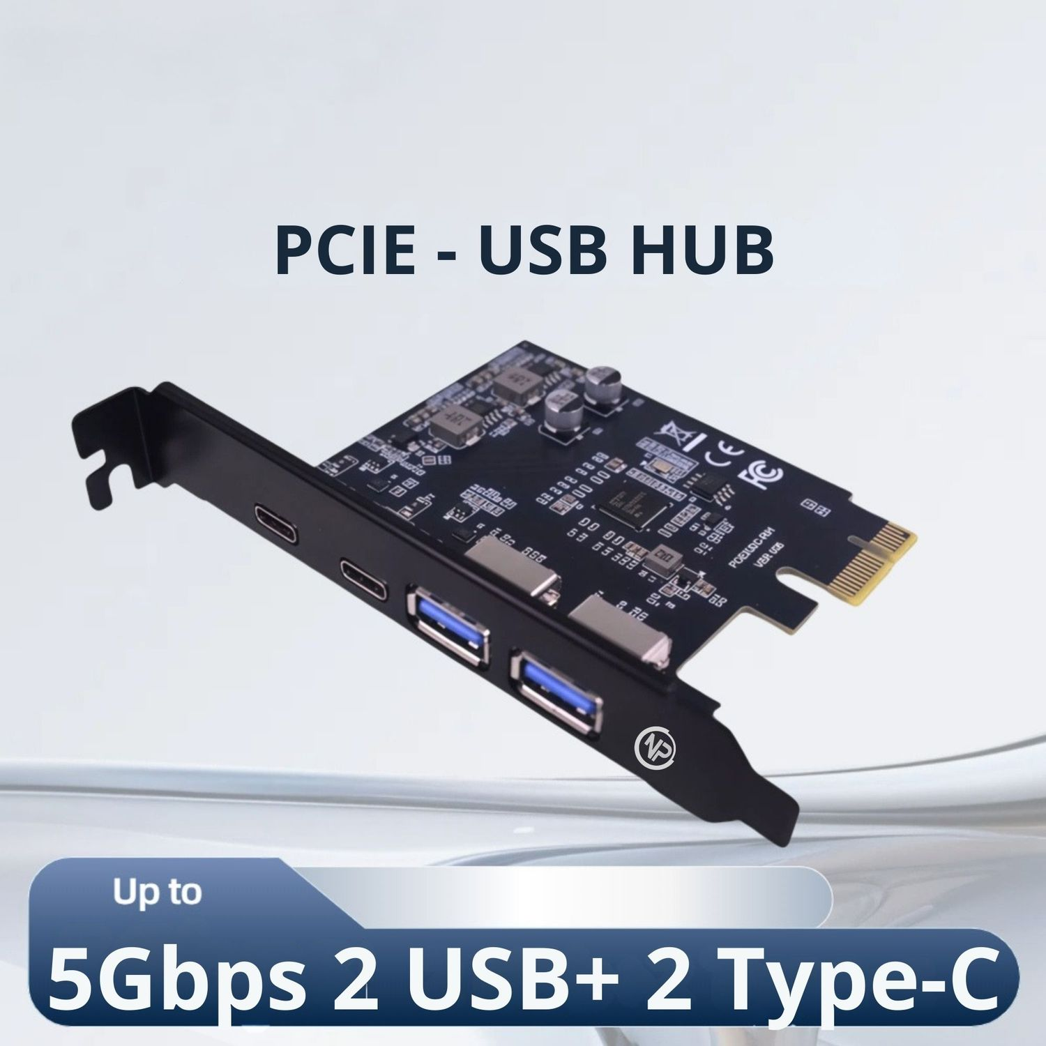 2 USB-A ve 2 USB-C bağlantı noktasına sahip siyah PCIE USB hub.