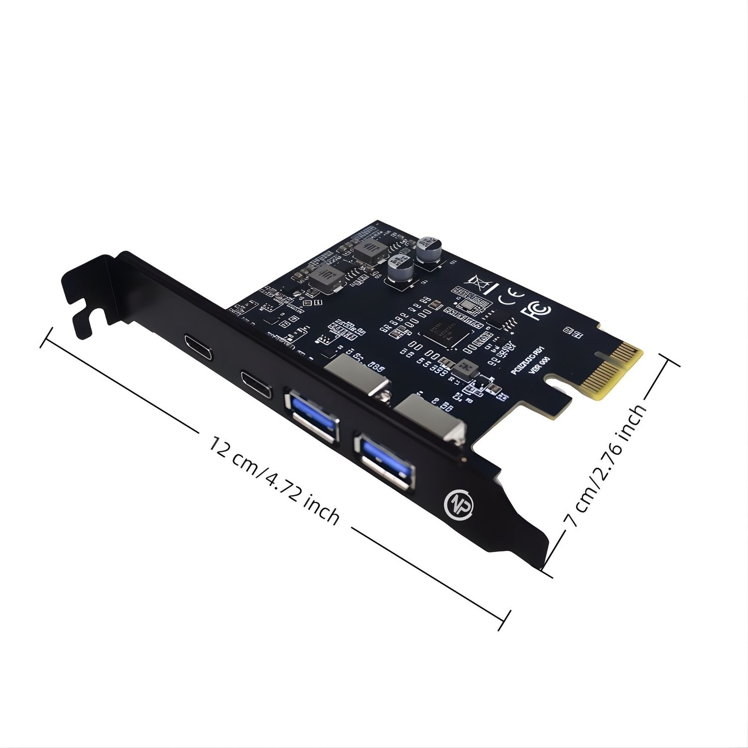 USB ve Type-C bağlantı noktalarına sahip siyah bir bilgisayar genişletme kartı.
