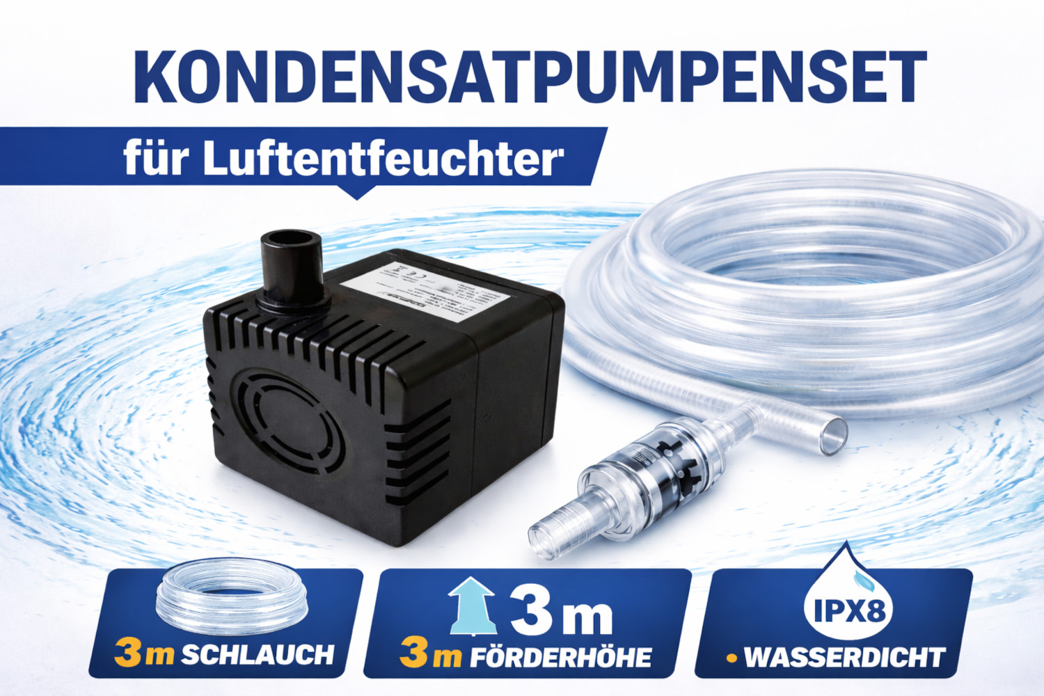 Kondensatpumpe mit 3m Schlauch, 3m Förderhöhe, IPX8 wasserdicht.