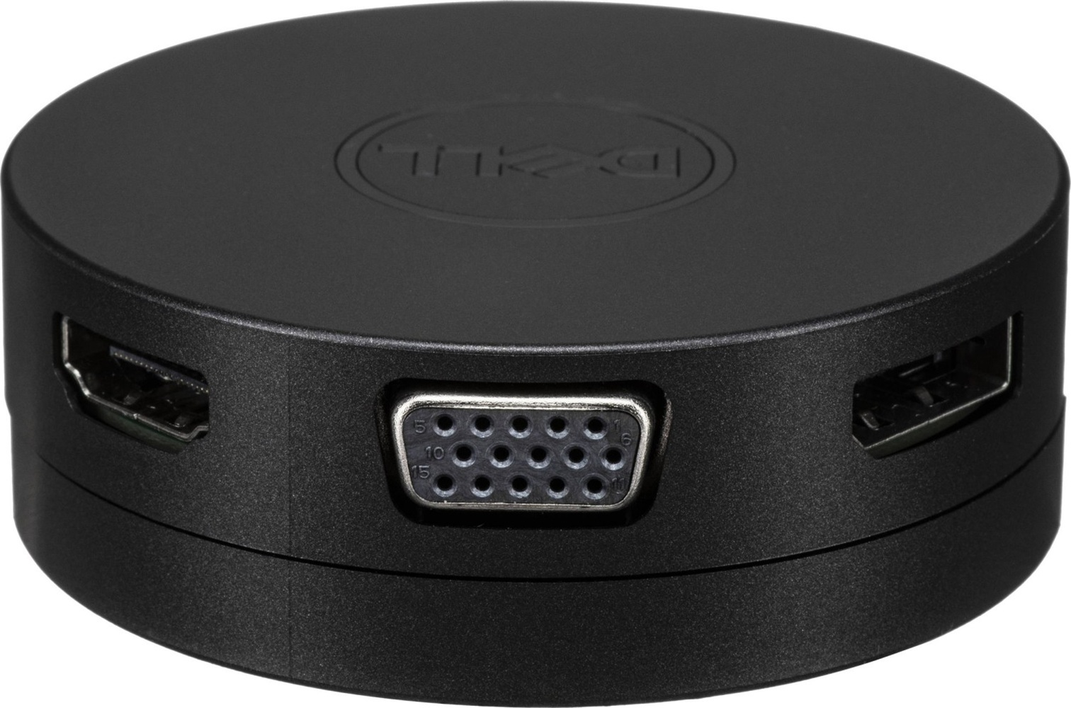 Runder schwarzer Dell-Adapter mit HDMI-, VGA- und USB-Anschlüssen.