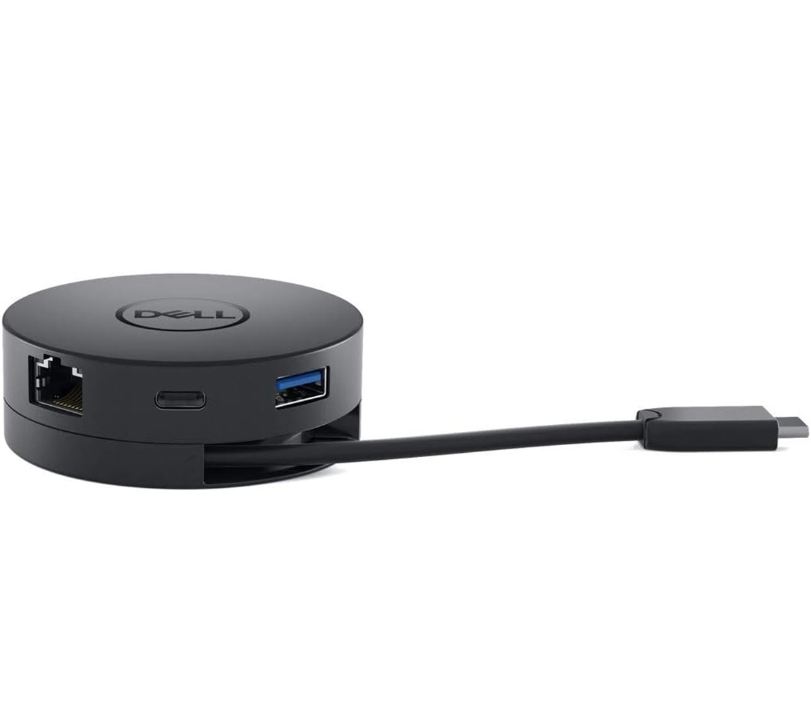 Ein schwarzer Dell Docking-Hub mit USB-A-, USB-C- und Ethernet-Anschlüssen.