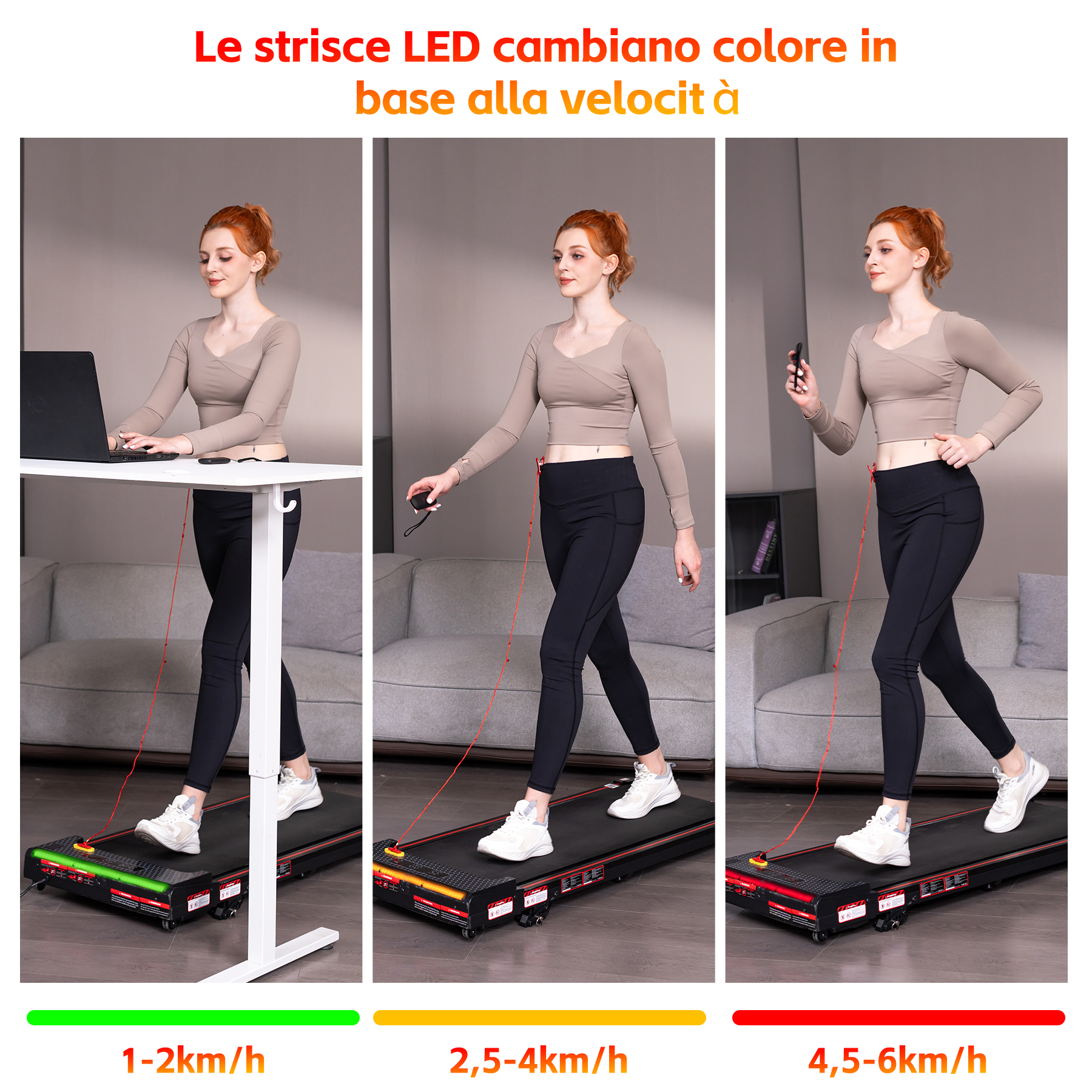 Donna su tapis roulant, LED cambiano colore per velocità. 1-2km/h verde, 2.5-4km/h giallo, 4.5-6km/h rosso.
