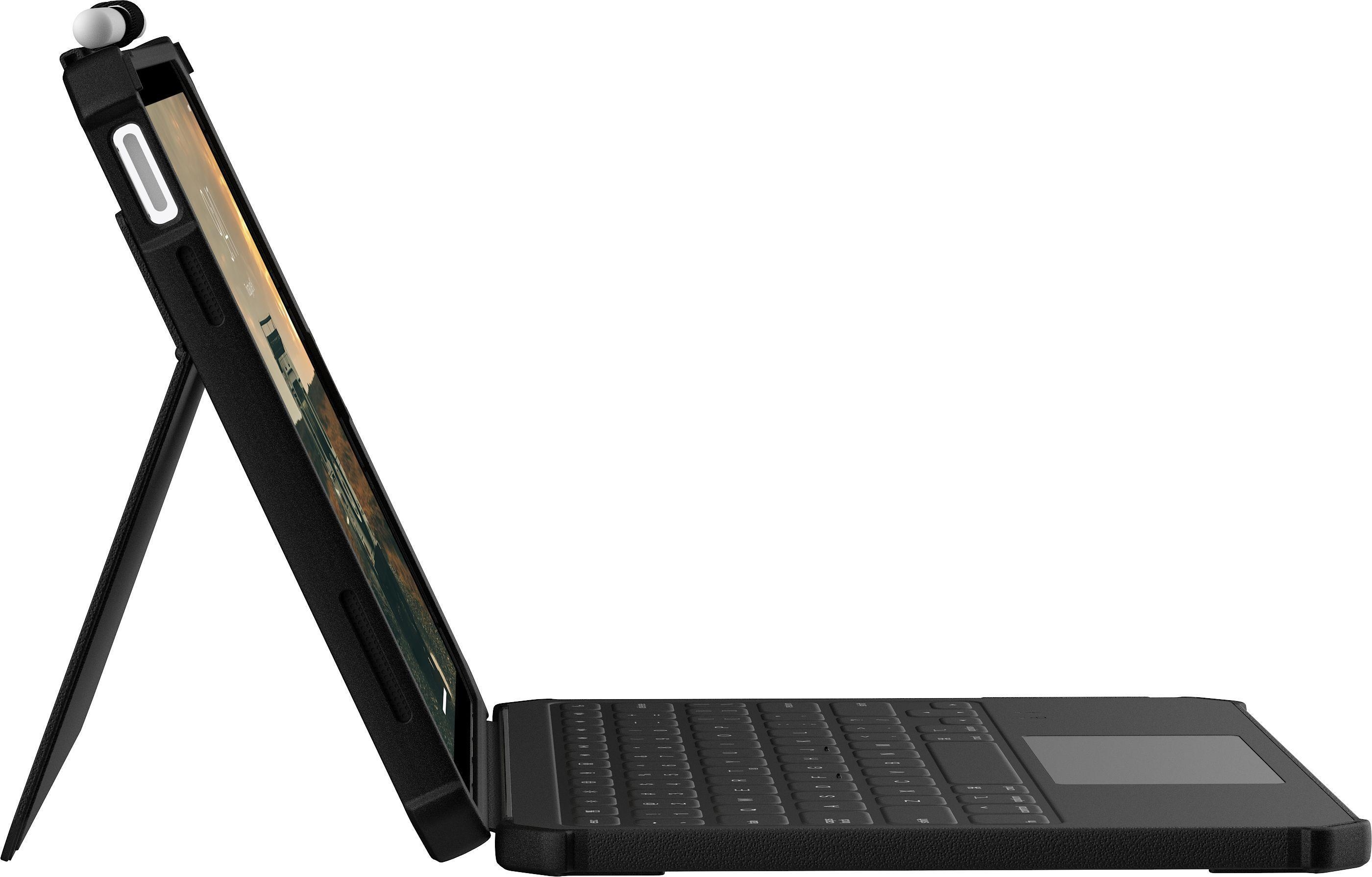 Un tablet nero con tastiera e stilo, mostrato di profilo e appoggiato.