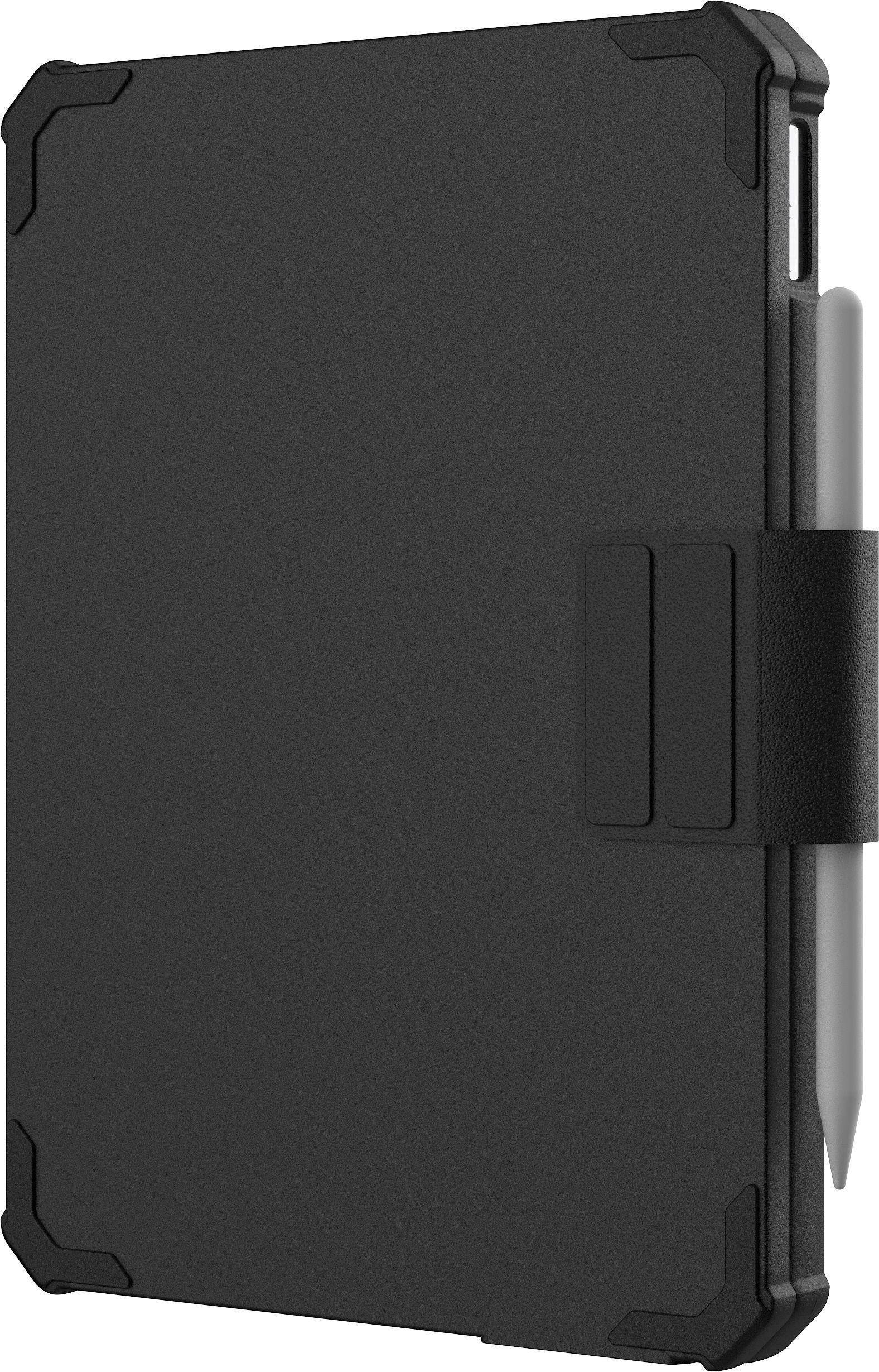 Custodia nera per tablet con portapenne e penna integrata.