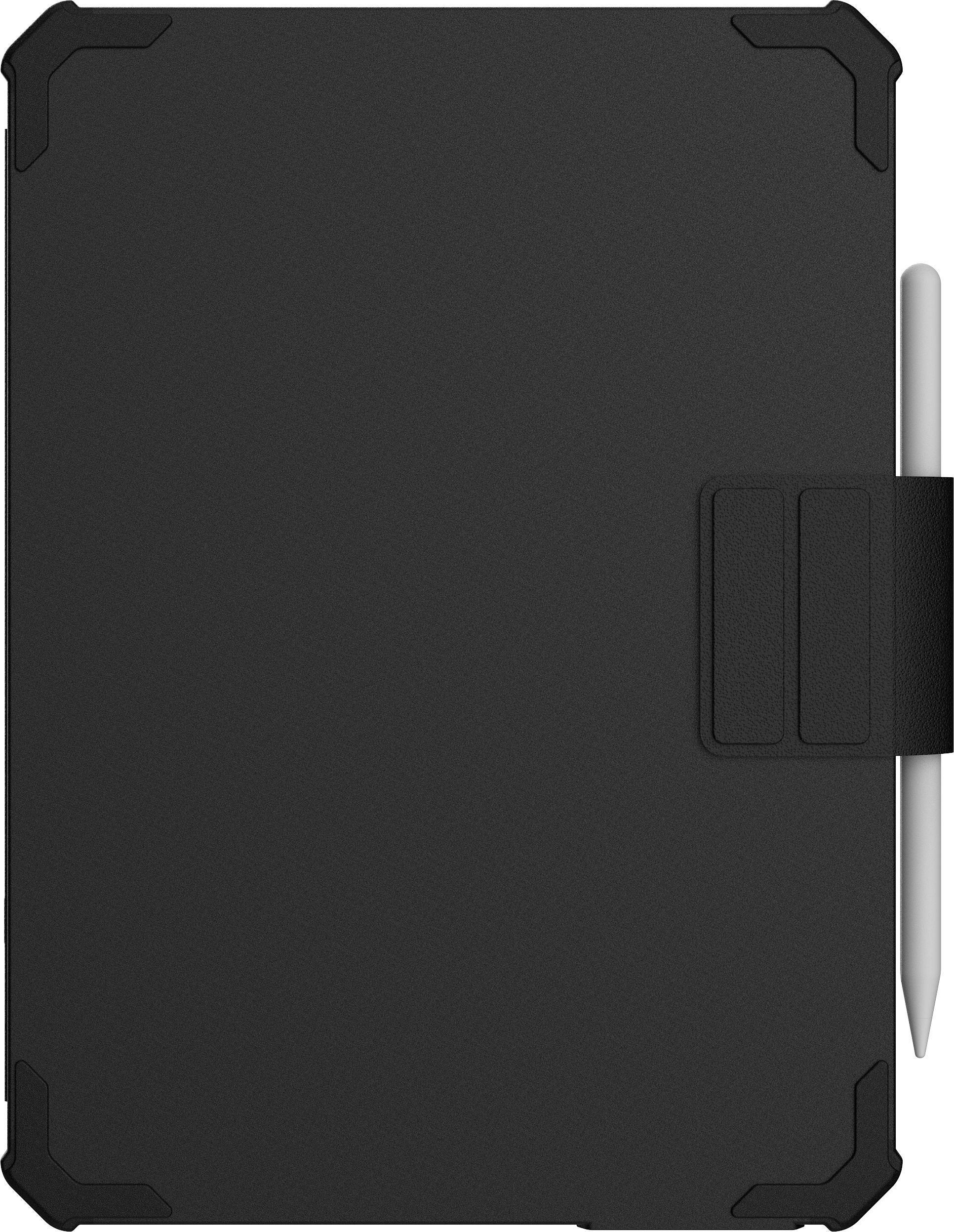 Custodia nera per tablet con portapenne e stilo bianco.