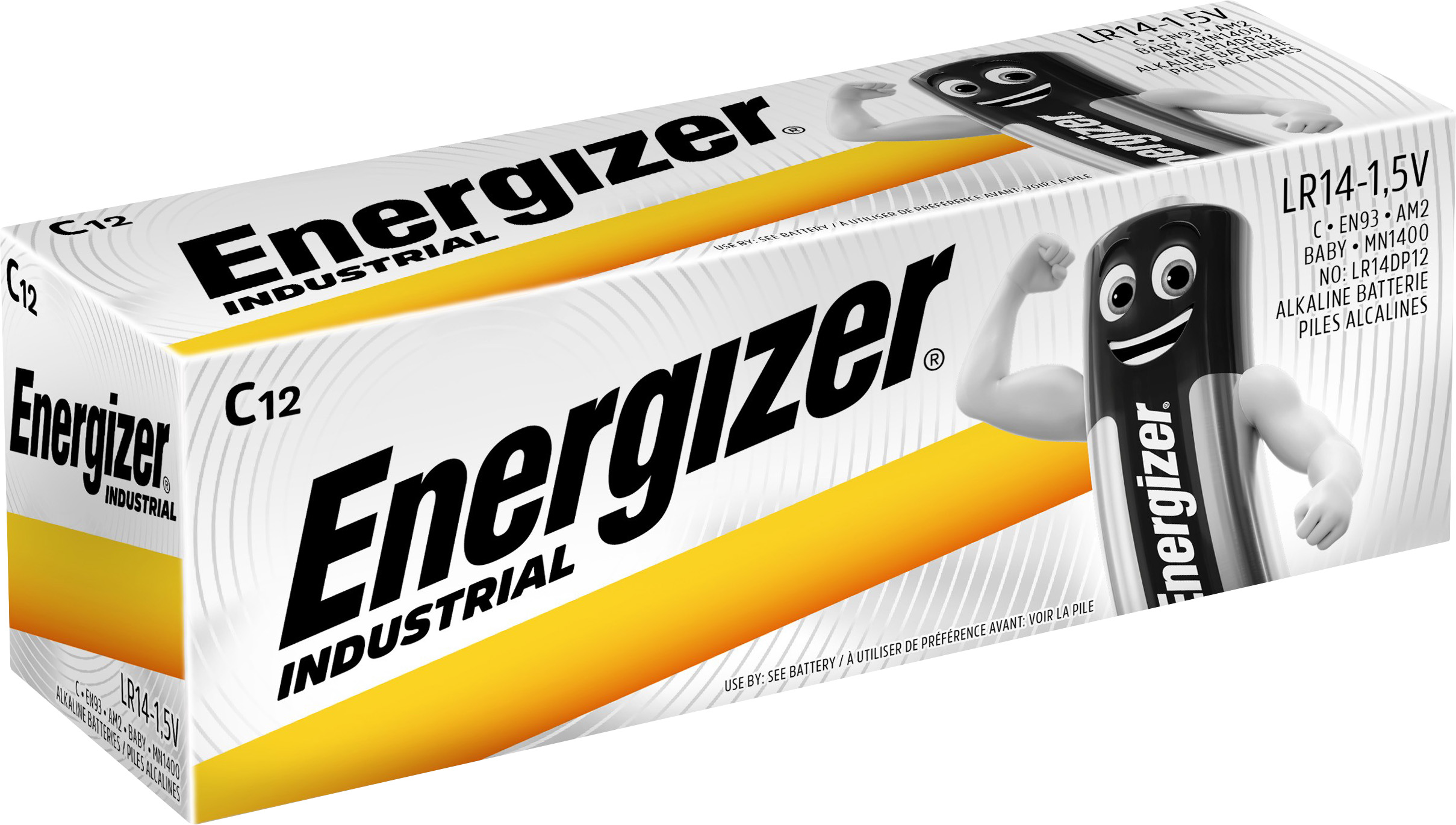 Energizer C12 Batterien-Verpackung mit Comic-Batterie-Figur, die Muskeln zeigt.