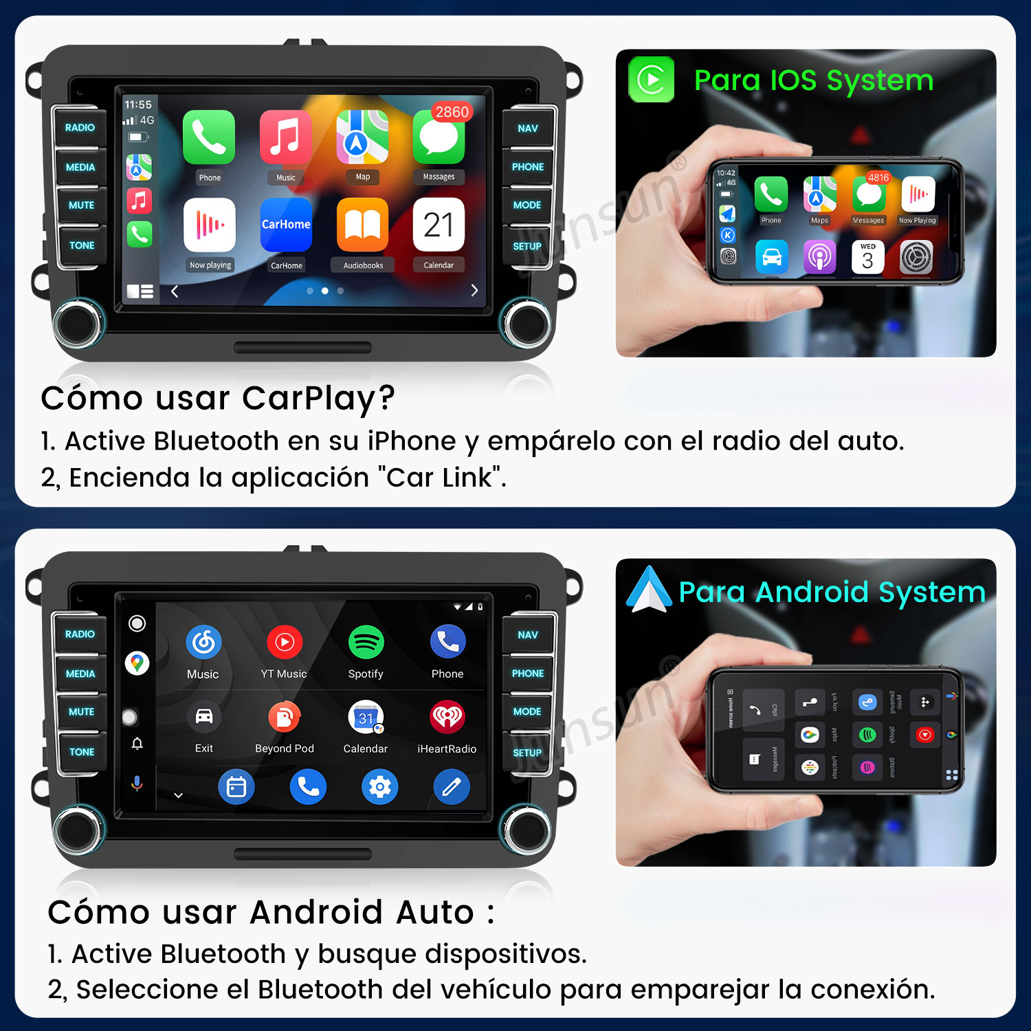 Sistema de infoentretenimiento del coche mostrando interfaz CarPlay con iconos y instrucciones.