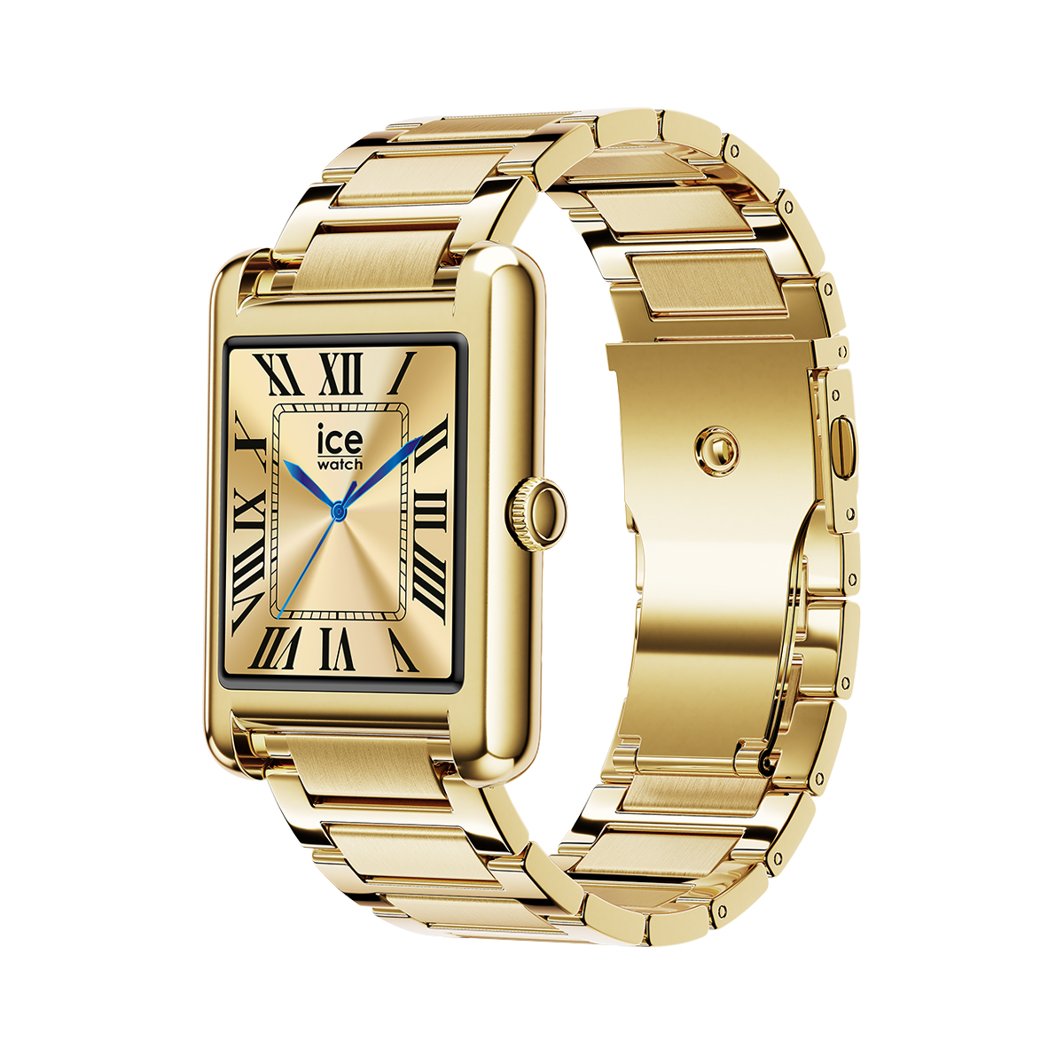 Goldene rechteckige Uhr mit römischen Ziffern und blauem Sekundenzeiger.