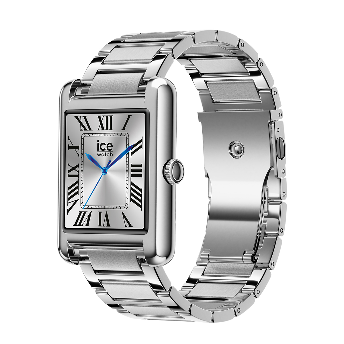 Silberne Armbanduhr mit rechteckigem Zifferblatt und römischen Ziffern.