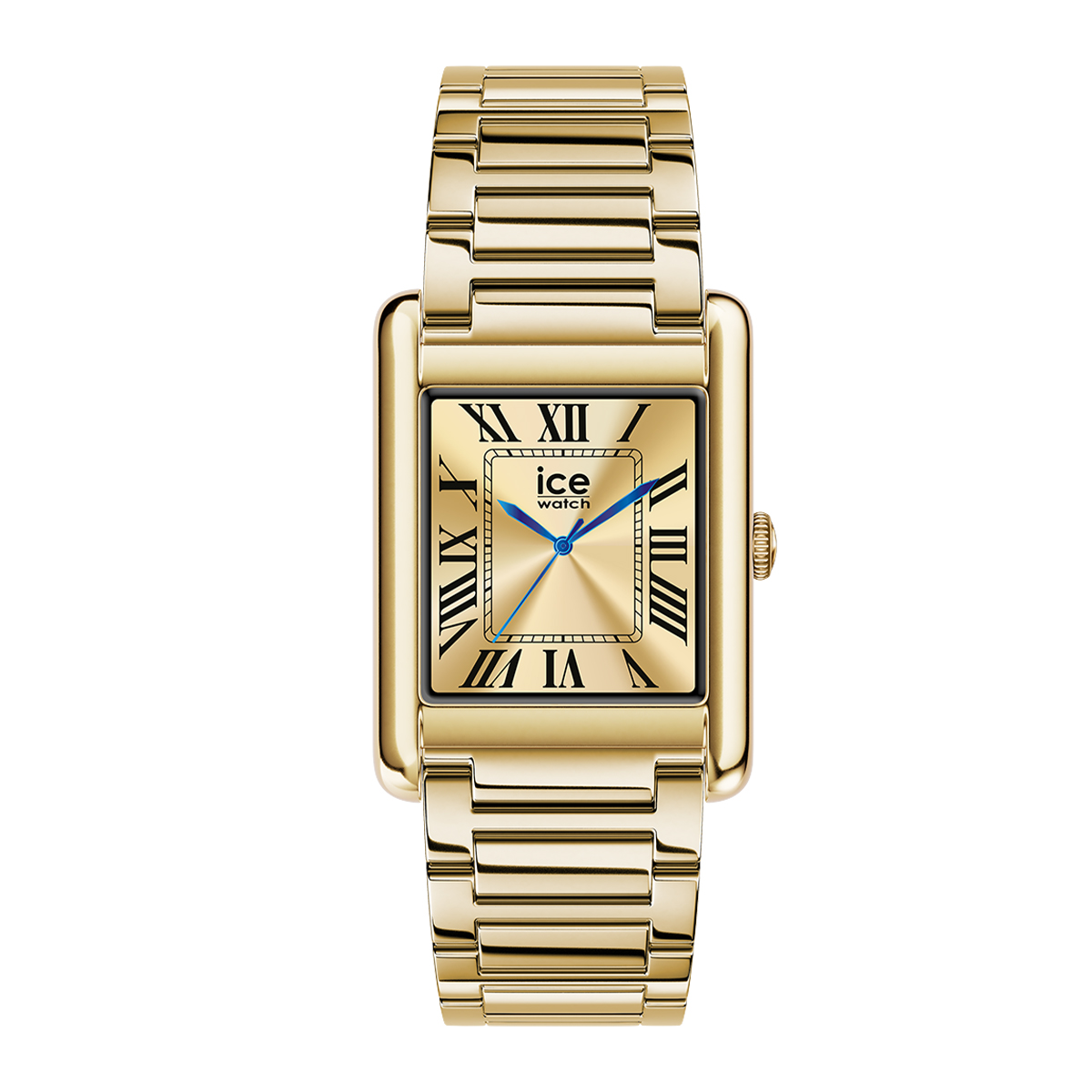 Goldene Ice Watch mit rechteckigem Gehäuse und römischen Ziffern.