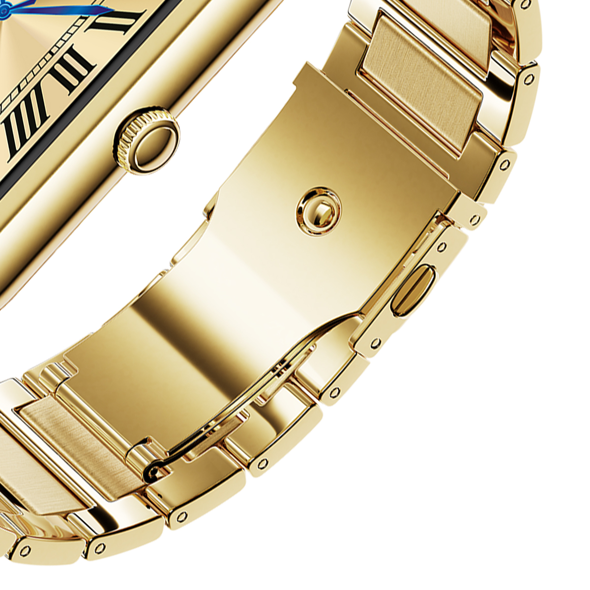 Nahaufnahme einer goldenen Uhr mit römischen Ziffern und einem Gliederarmband.