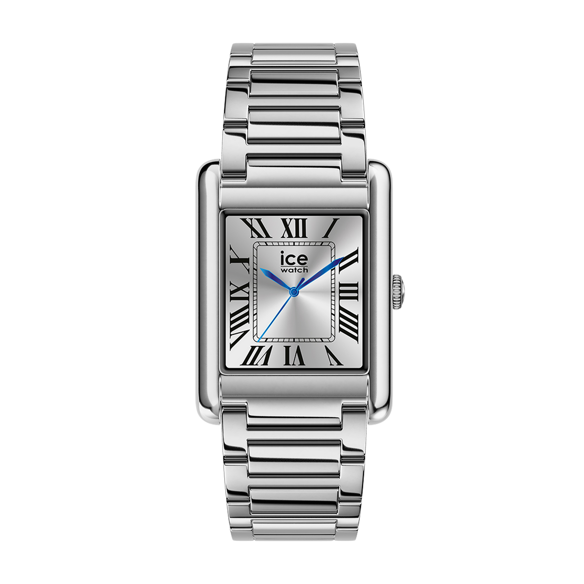 Silberne Armbanduhr mit rechteckigem Zifferblatt und römischen Ziffern.