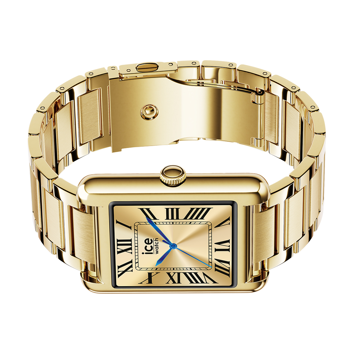 Goldene Armbanduhr mit rechteckigem Zifferblatt und römischen Ziffern.