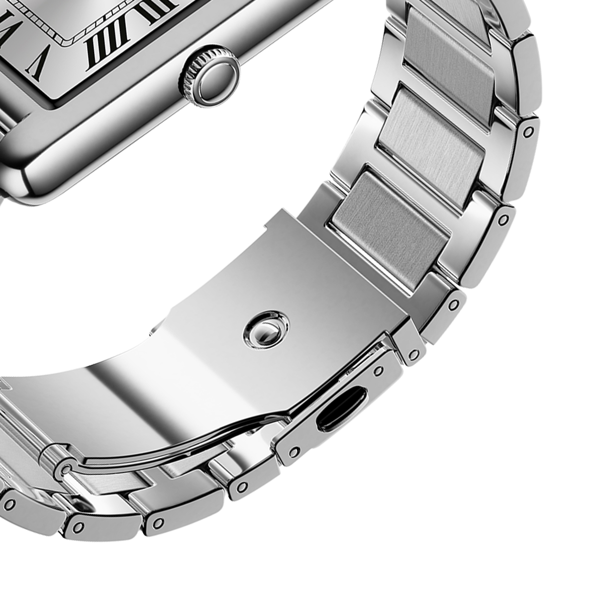 Nahaufnahme einer silbernen Uhr mit römischen Ziffern und einem Metallarmband.