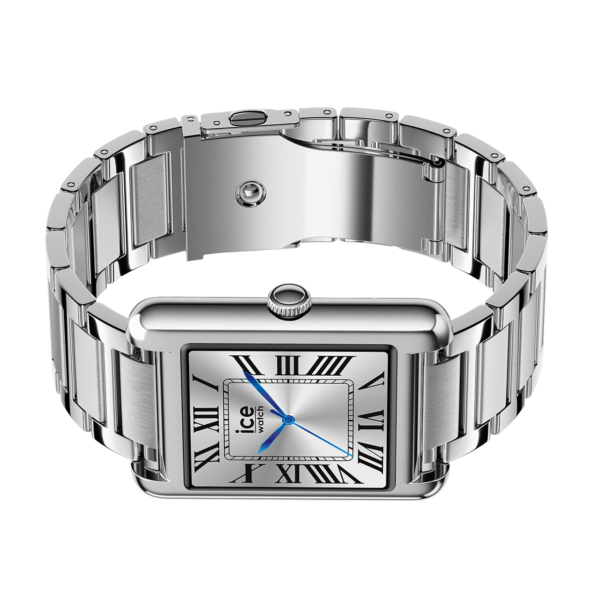 Silberne rechteckige Uhr mit Metallarmband und blauen Zeigern.