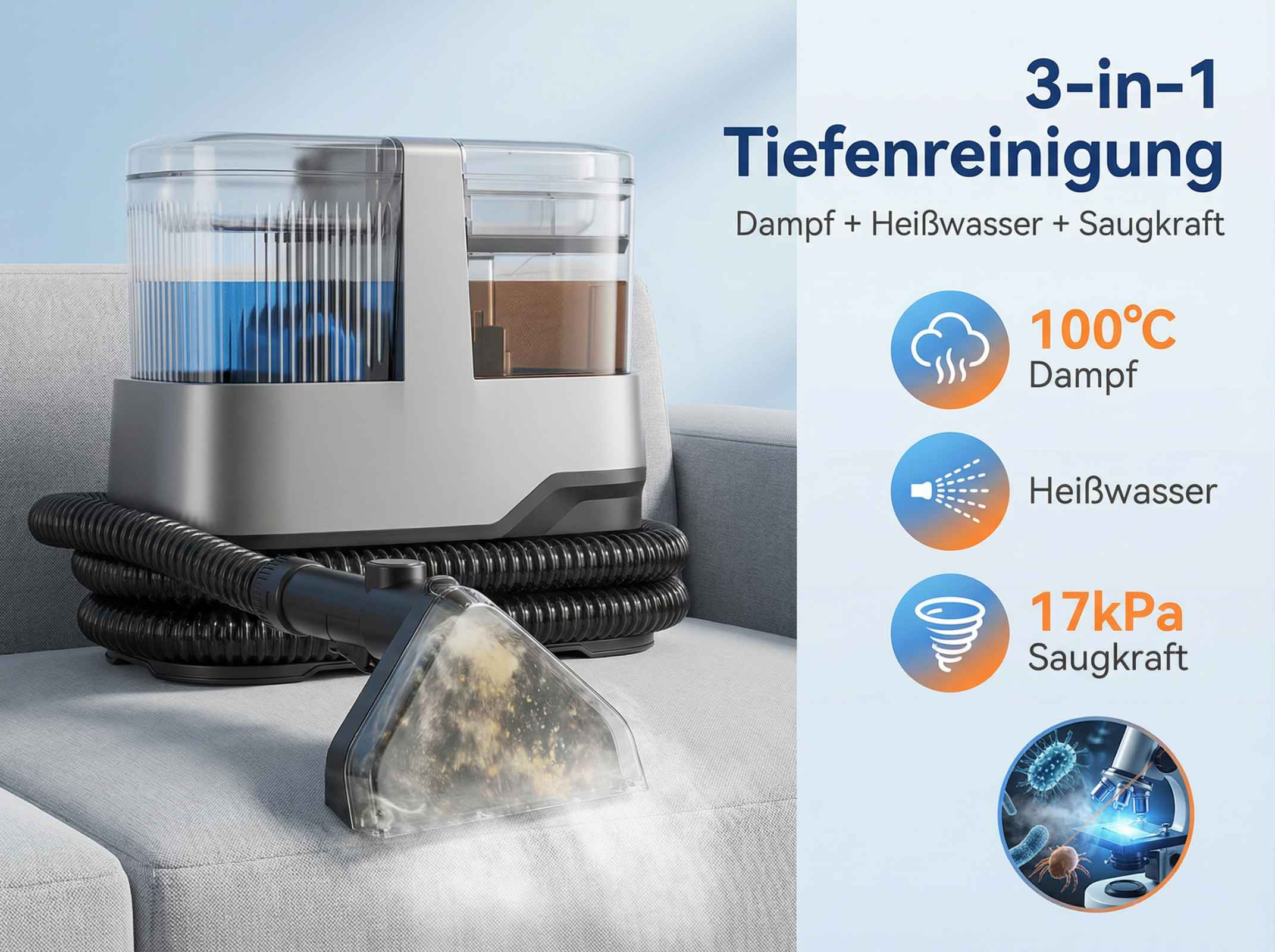 3-in-1 Tiefenreiniger mit Dampf, Heißwasser & Saugkraft auf Sofa.