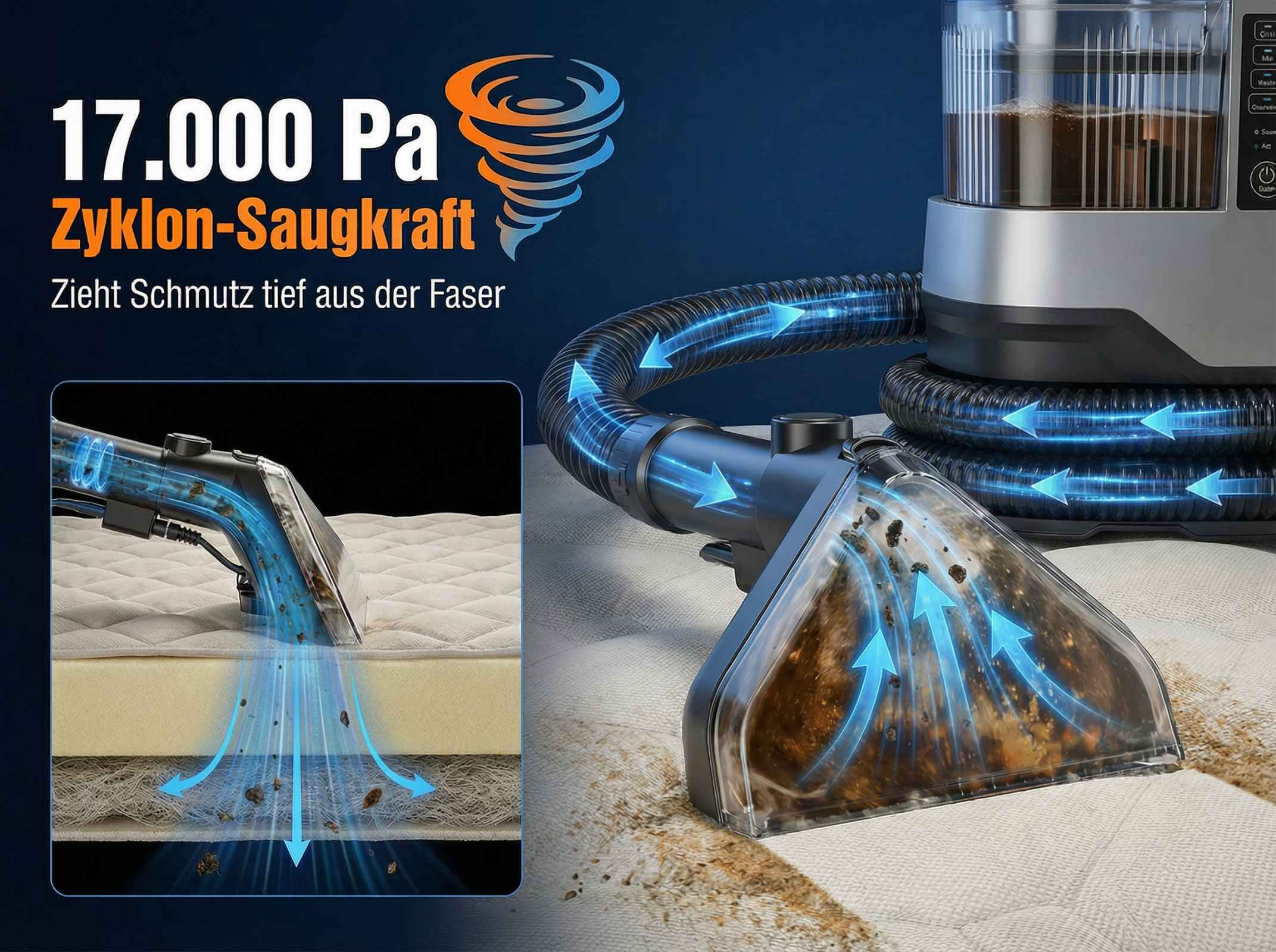Gerät saugt Schmutz aus Matratze und Teppich. Klare Anzeige von Saugkraft.