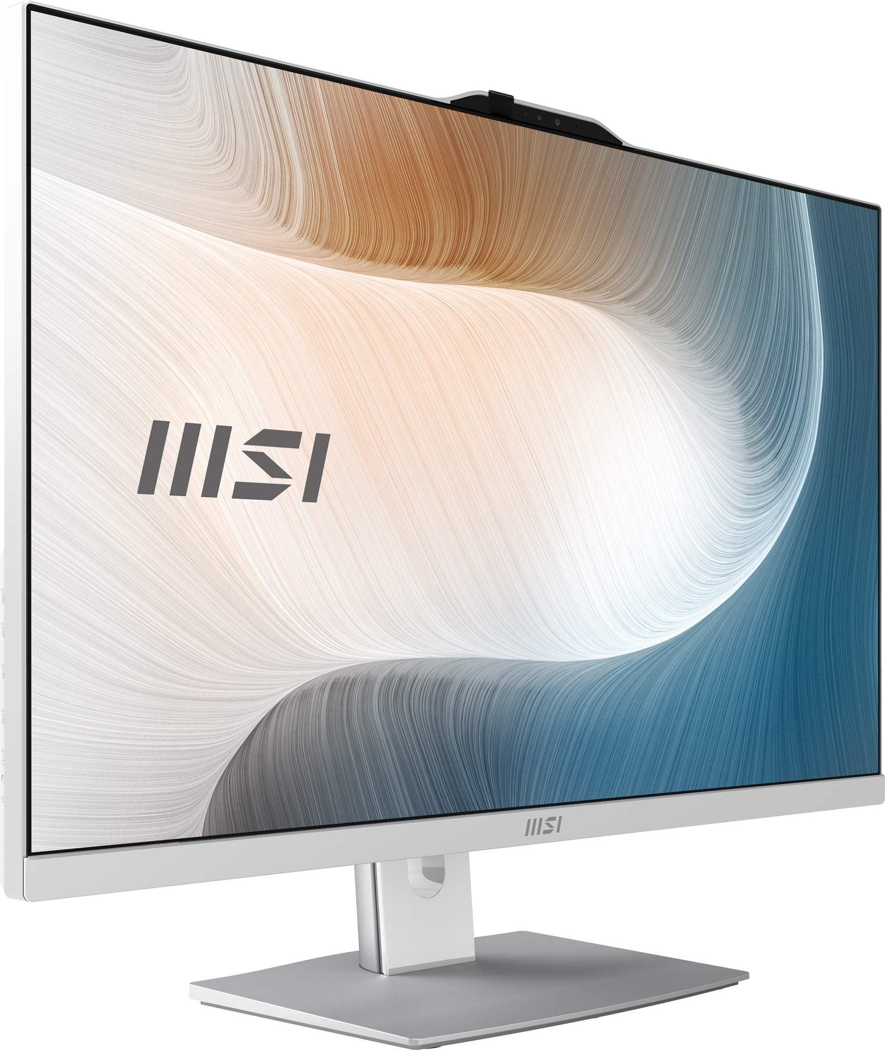 Ein weißer MSI-Monitor mit stilisiertem Hintergrund und integrierter Kamera.
