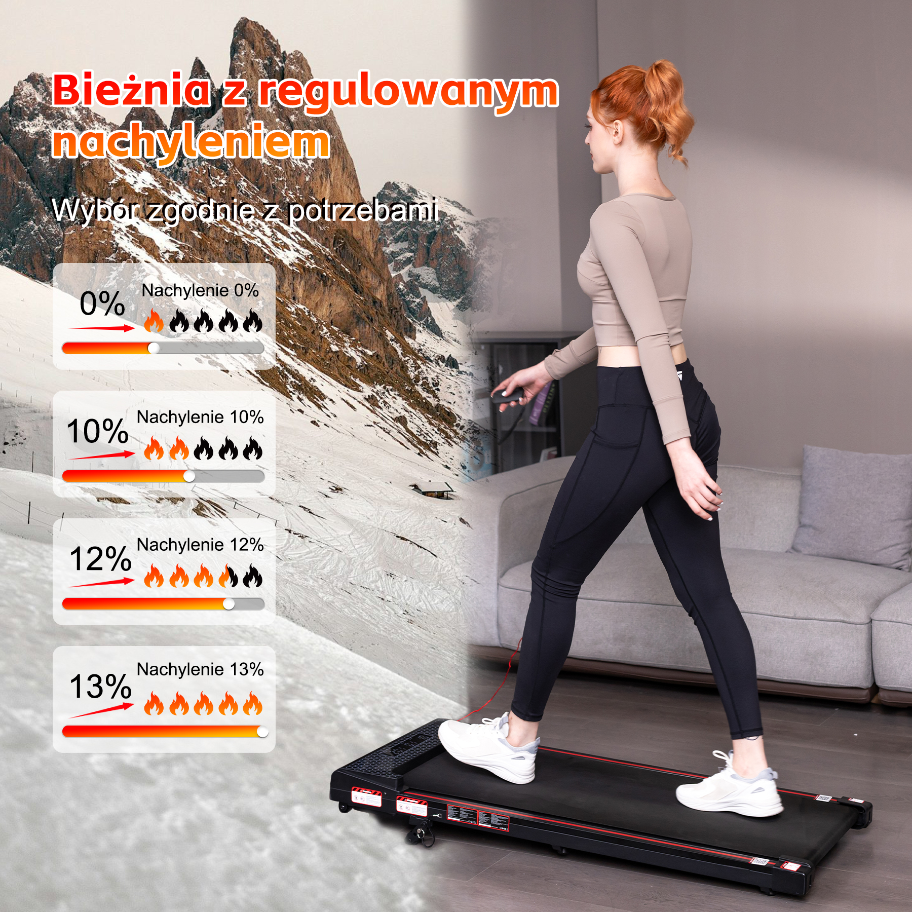 Kobieta na bieżni z górskim tłem pokazującym nachylenie 0%, 10%, 12%, 13%.
