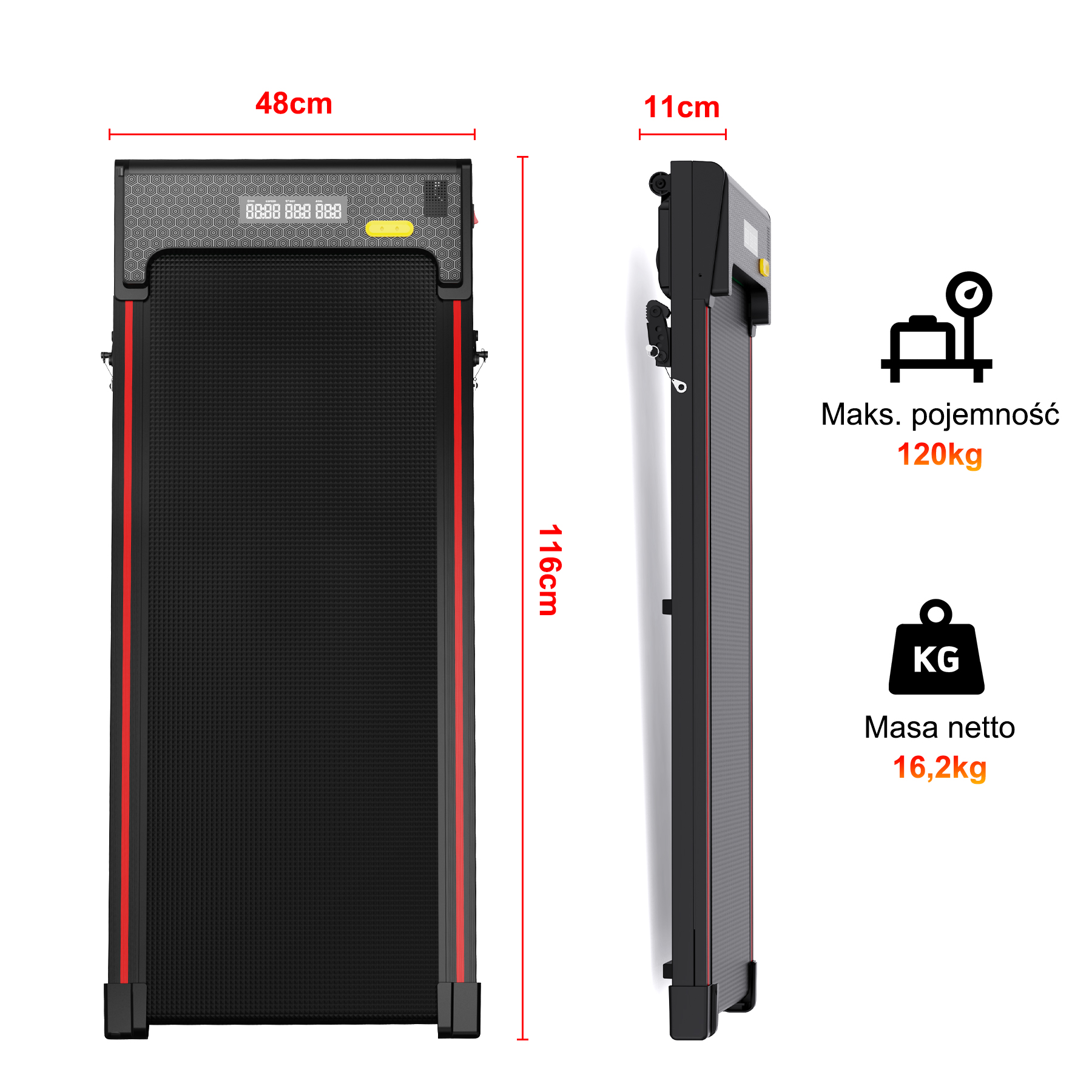 Czarna bieżnia z czerwonymi akcentami, szerokość 48cm, długość 116cm, grubość 11cm.