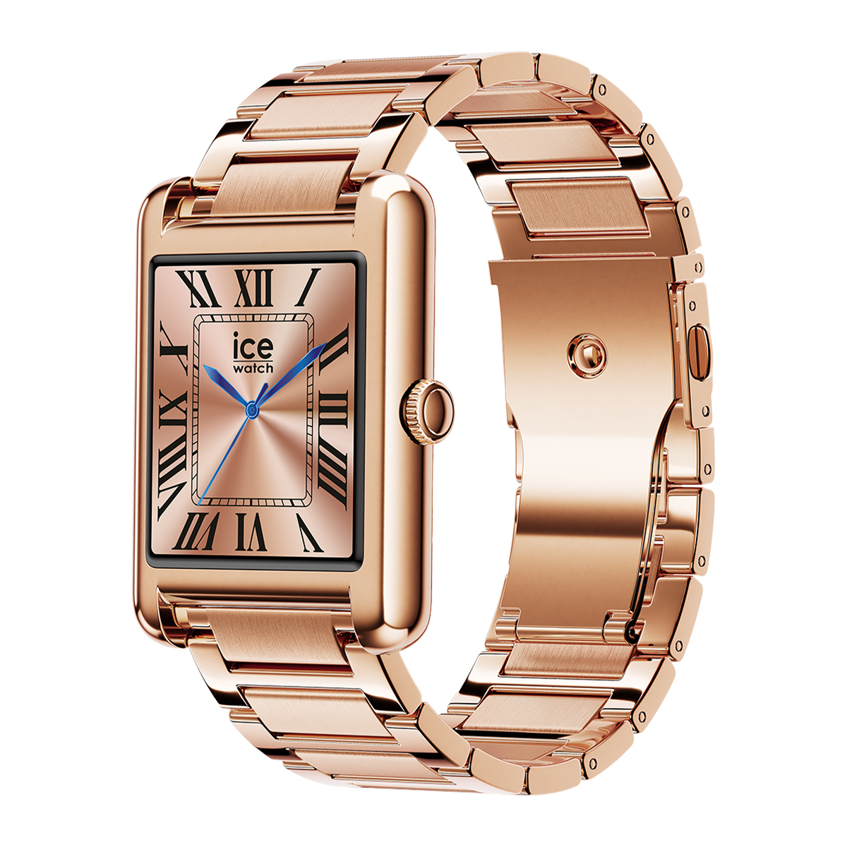 Eine roségoldene Armbanduhr mit rechteckigem Zifferblatt und römischen Ziffern.