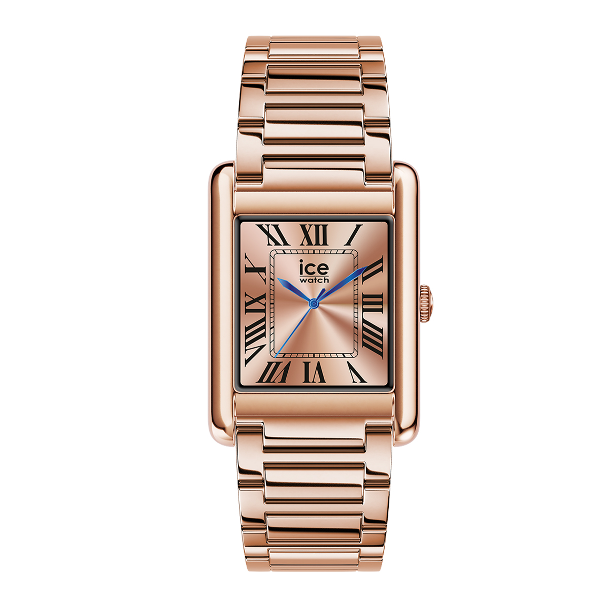Eine roségoldene Armbanduhr mit rechteckigem Gehäuse und römischen Ziffern.