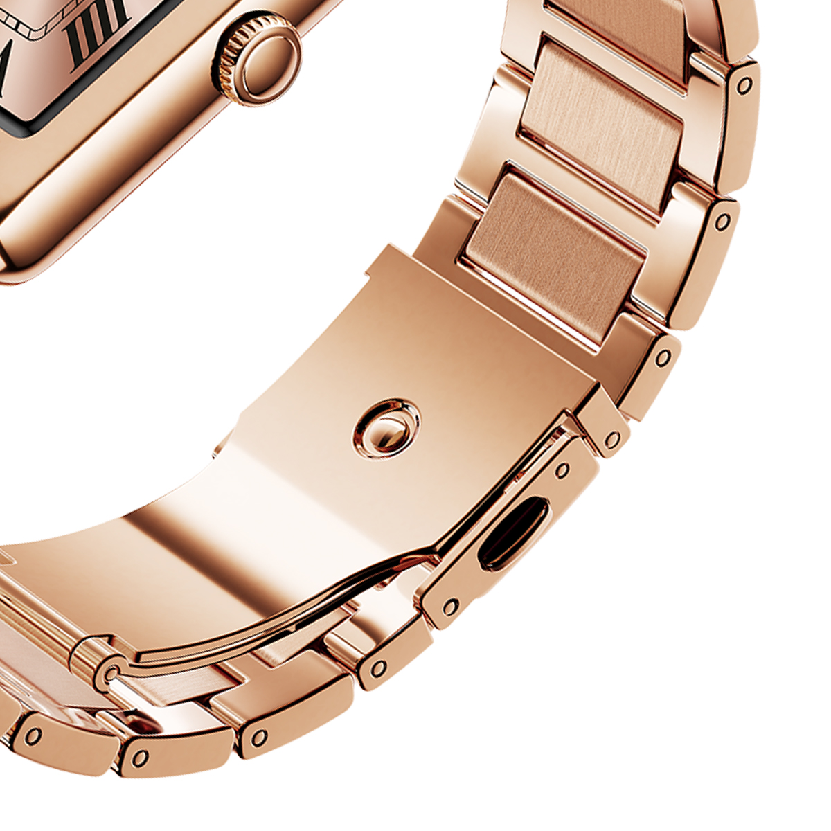 Nahaufnahme eines roségoldenen Uhrenarmbands mit polierten und gebürsteten Gliedern.