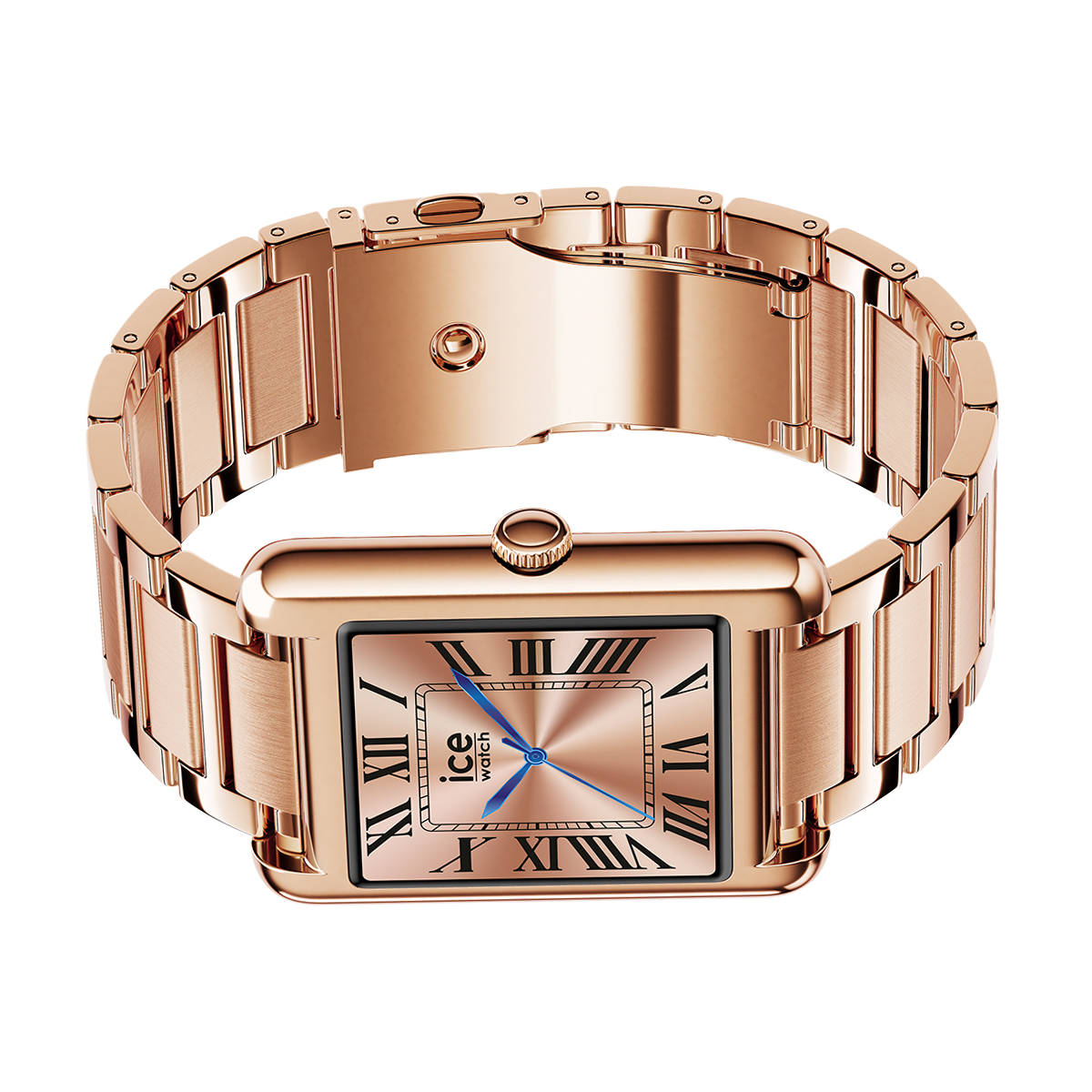 Eine roségoldene Armbanduhr mit rechteckigem Gehäuse und römischen Ziffern.