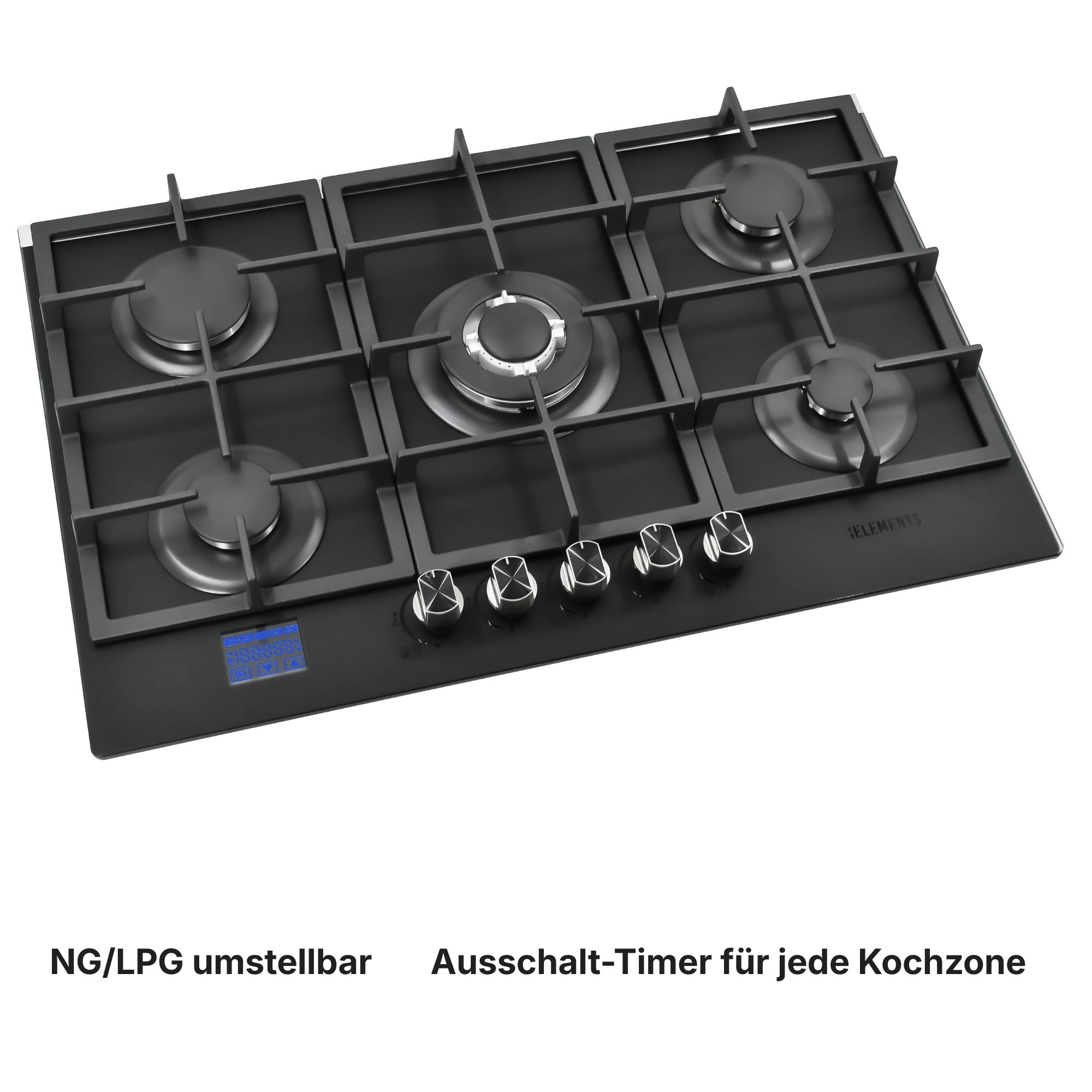 Schwarzes Gaskochfeld mit fünf Brennern, Metallgittern und Bedienelementen.