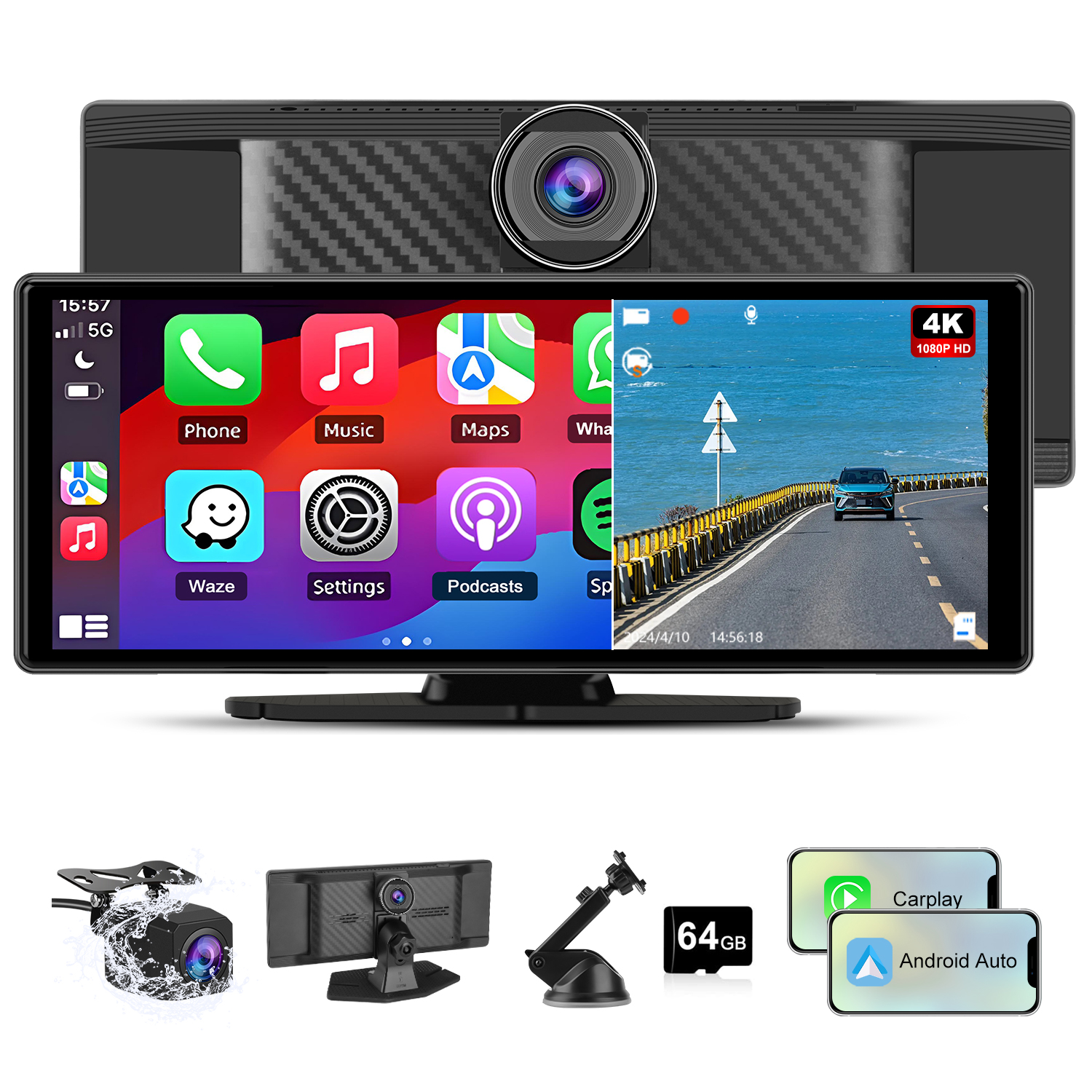 Sistema de infoentretenimiento para coche con pantalla táctil, cámara y accesorios.