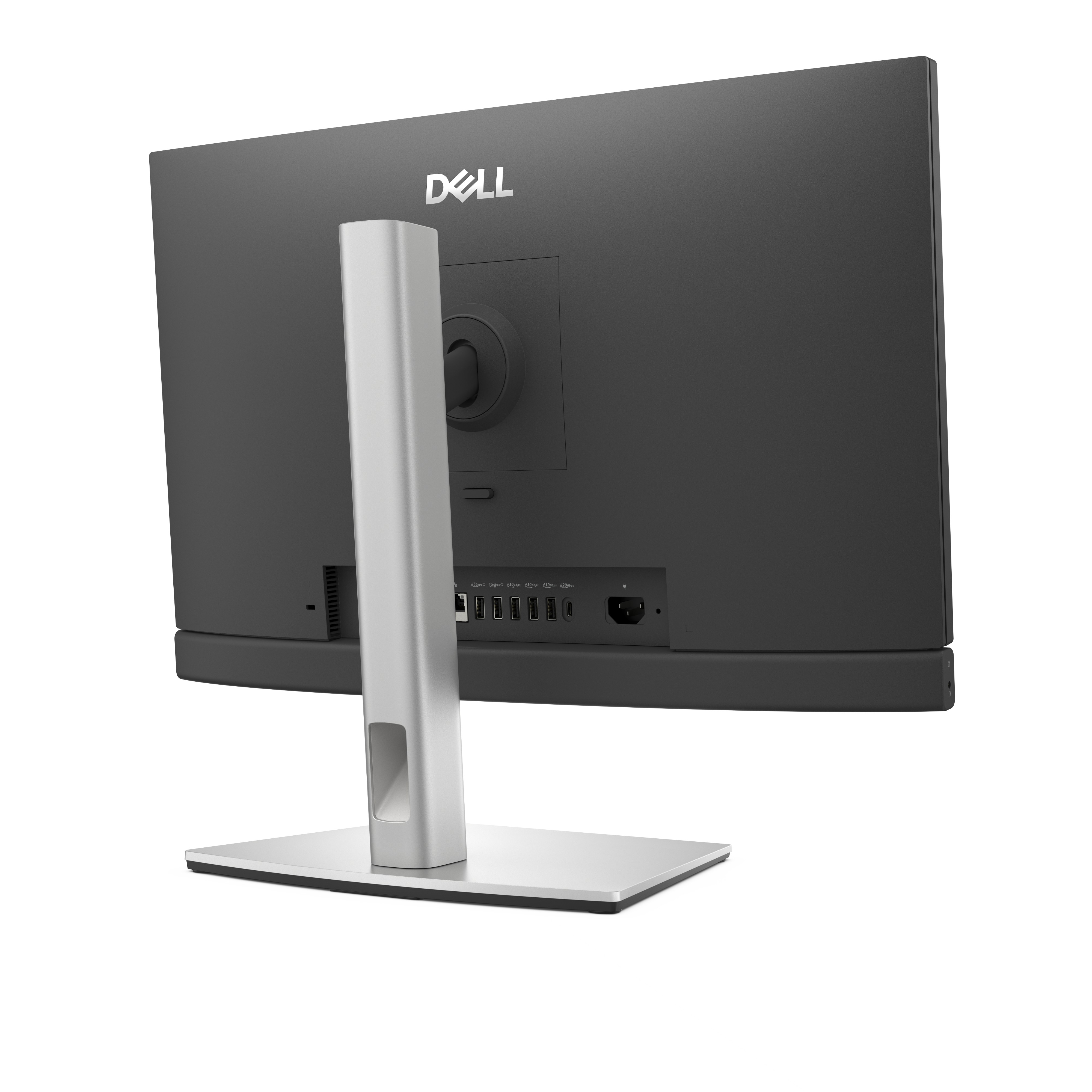 Parte trasera de un monitor Dell negro con soporte plateado y puertos.