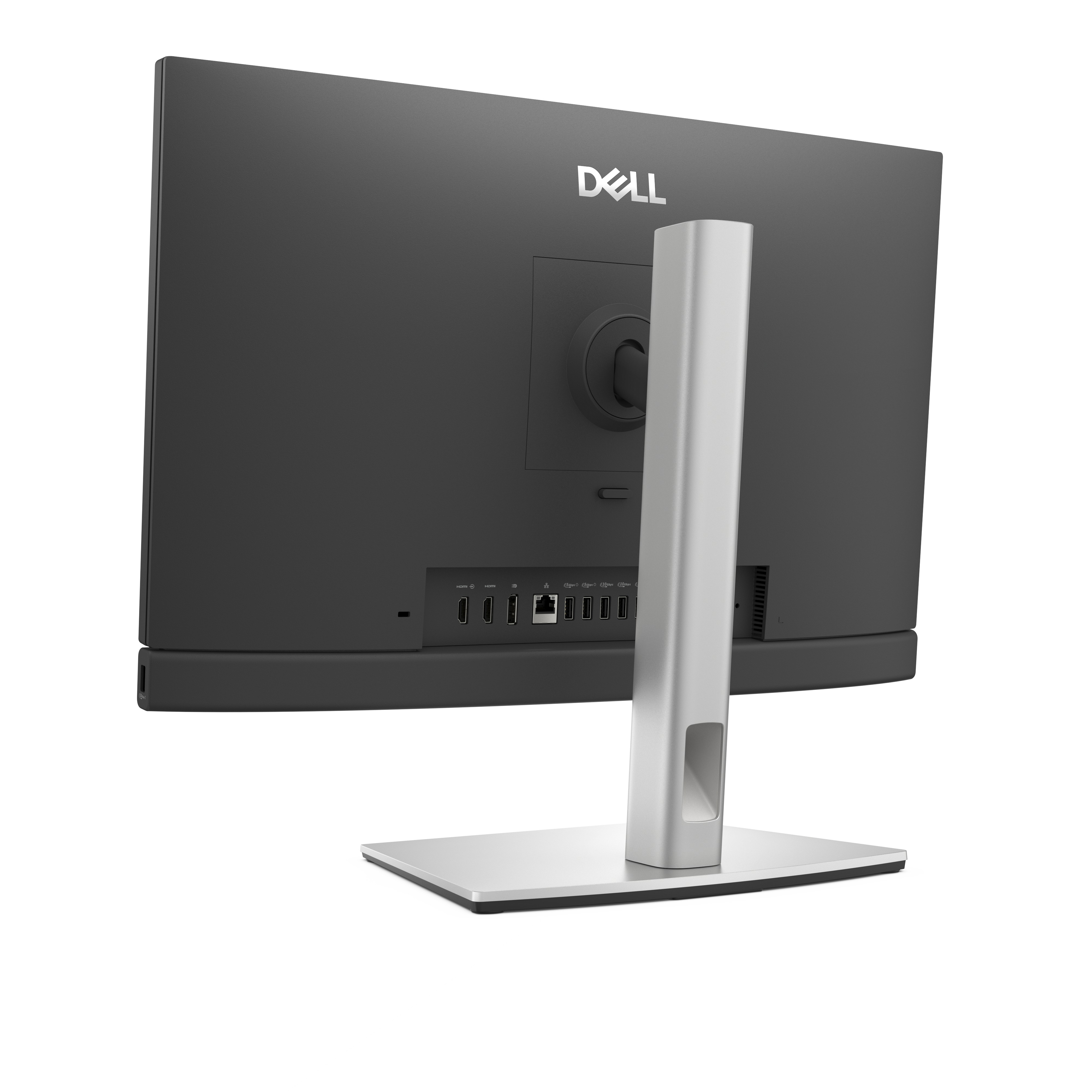 Vista trasera de un monitor Dell negro con panel de puertos y soporte plateado.