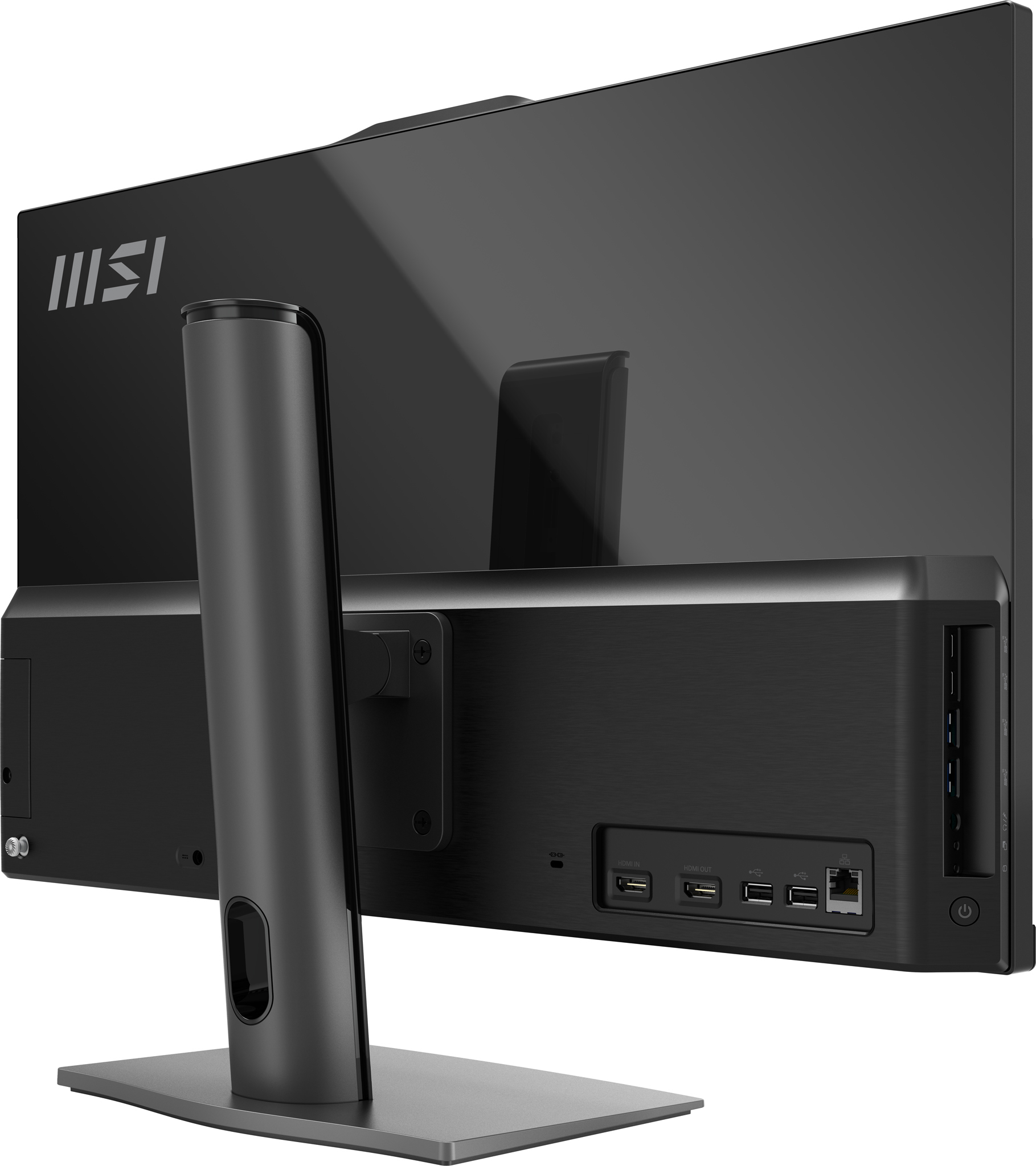 Tył czarnego komputera All-in-One z portami i logo MSI.