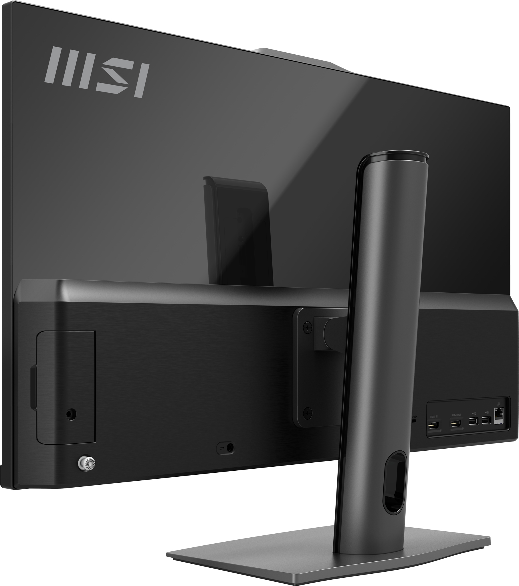 Tył czarnego komputera All-in-One MSI z portami i podstawką.