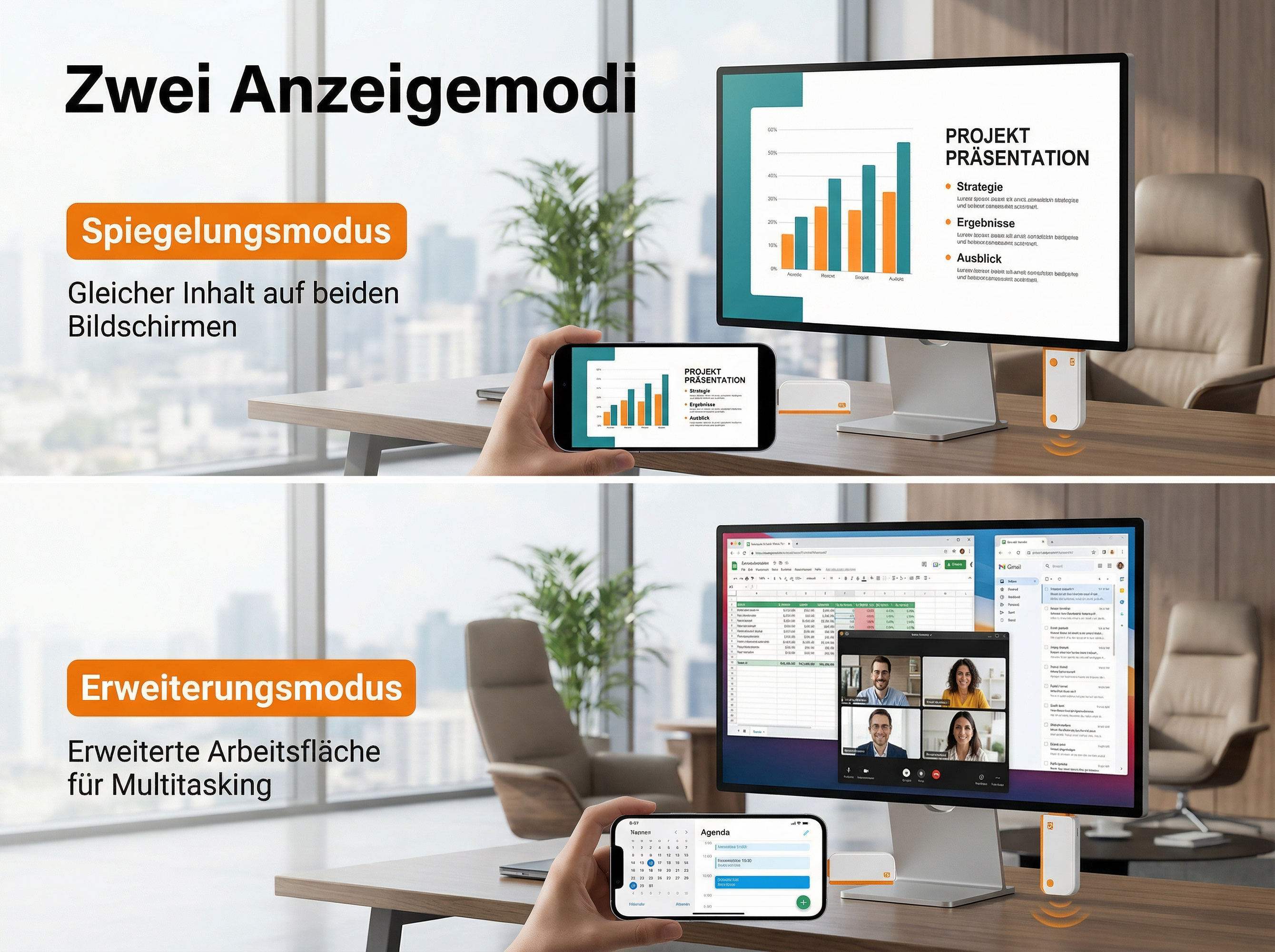 Zwei Anzeigemodi: Spiegelung und Erweiterung mit Desktop- und Handy-Ansichten.