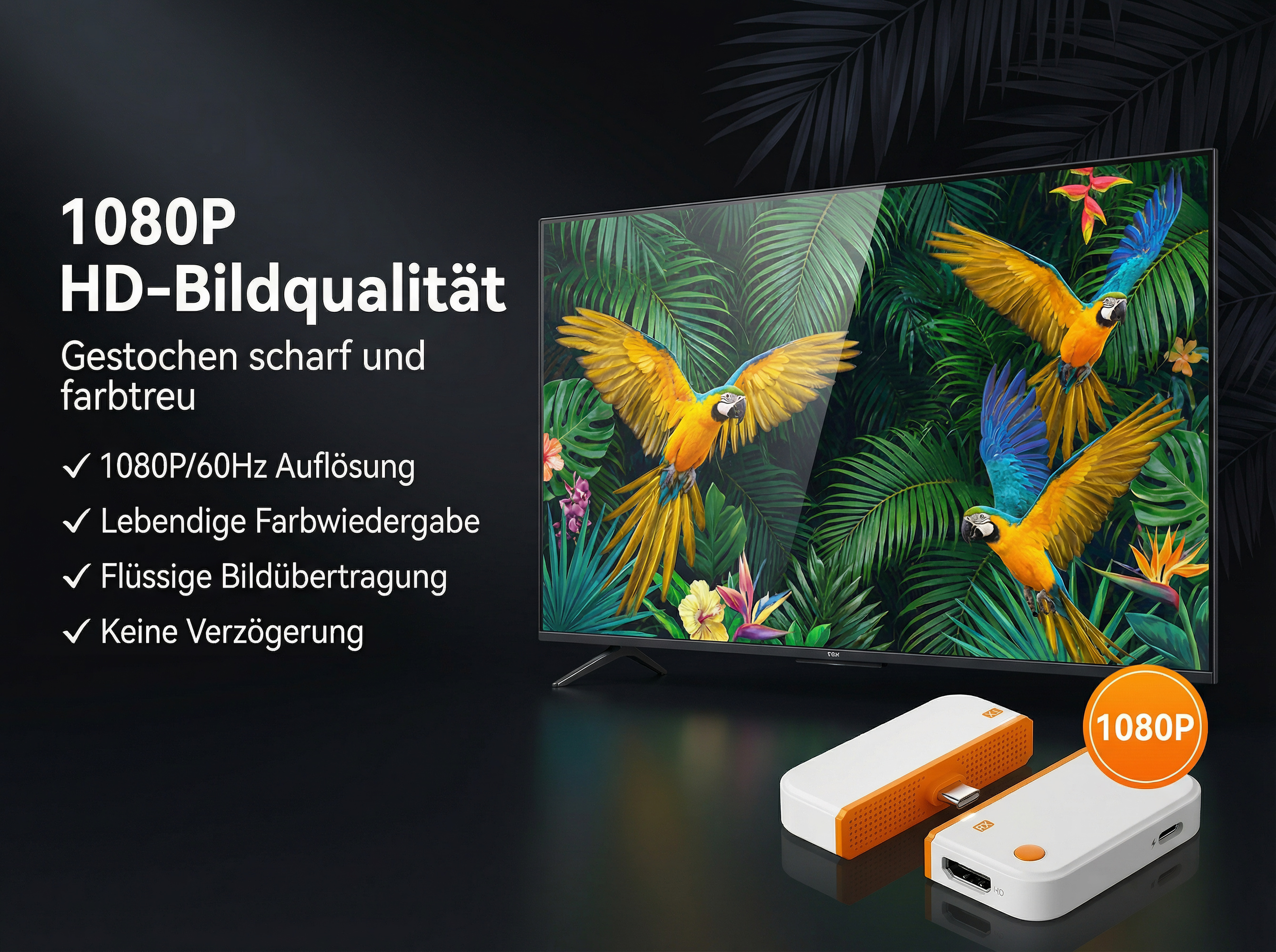 Ein moderner Fernseher mit Dschungelmotiv und Papageien, daneben zwei weiße und orangefarbene Dongles.